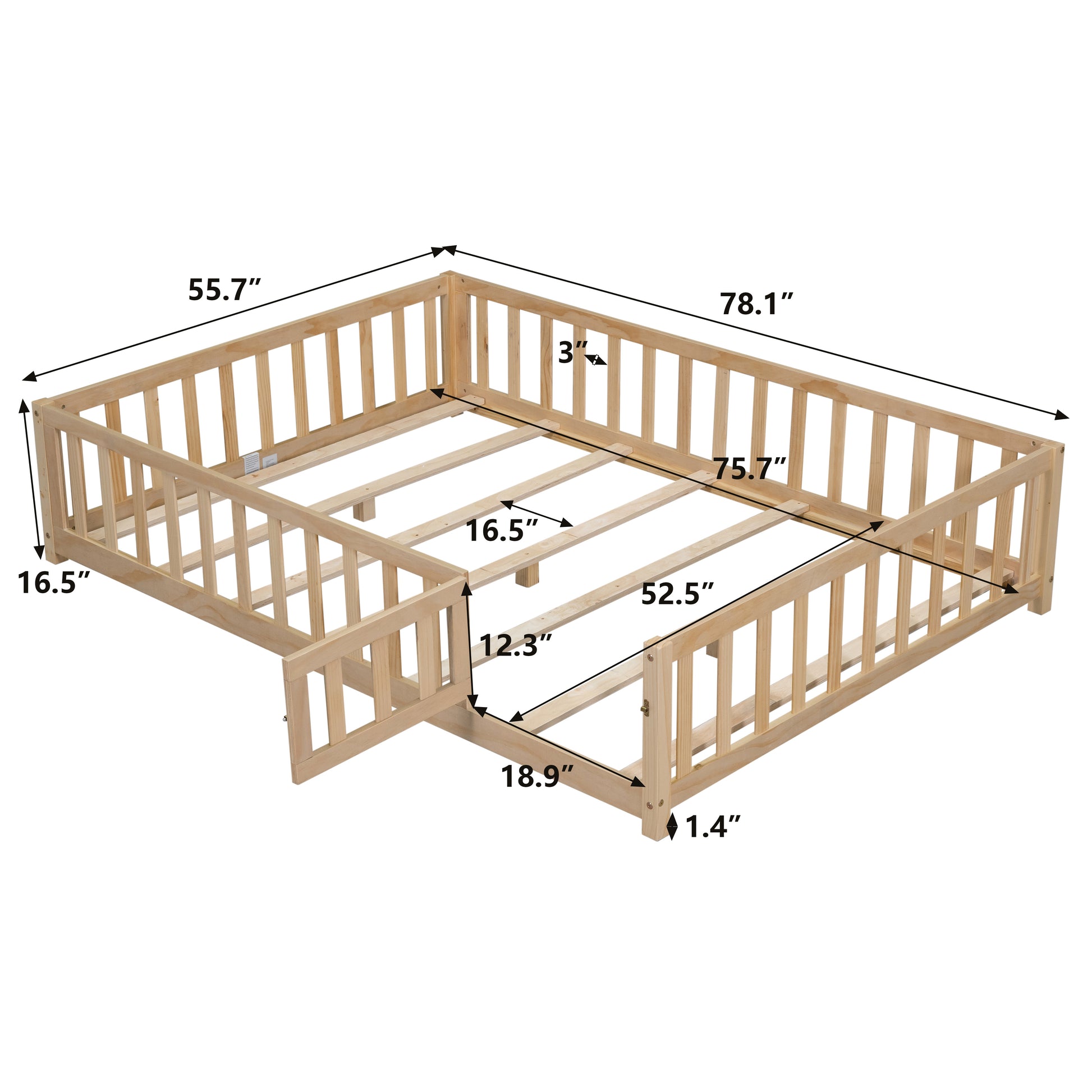 Full Size Floor Platform Bed With Fence And Door For Kids, Montessori Floor Bed Frame With Support Slats For Toddlers, Wooden Floor Bed Natural Natural Plywood