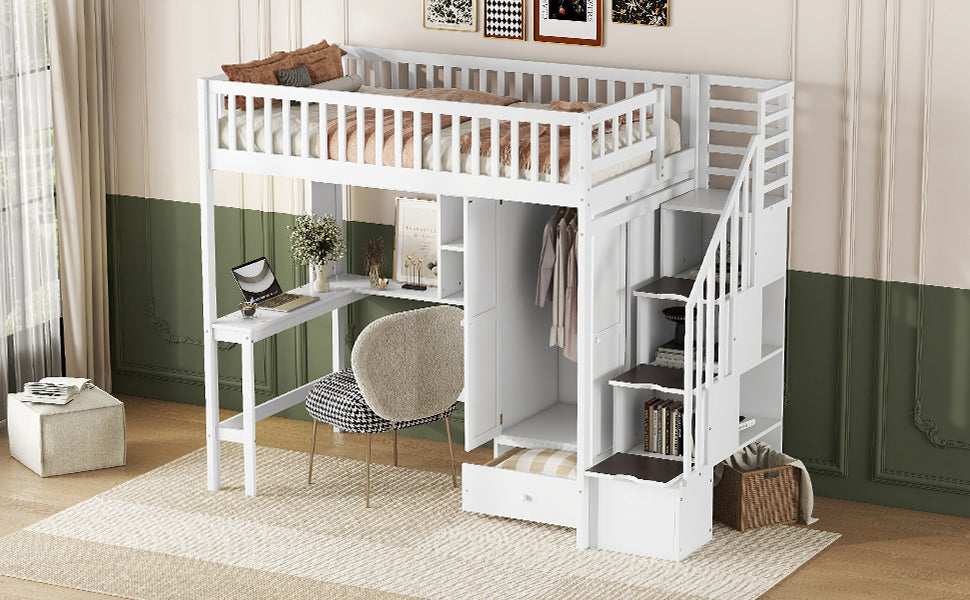 Twin Size Loft Bed With Bookshelf,Drawers,Desk,And Wardrobe White Twin White Solid Wood Mdf