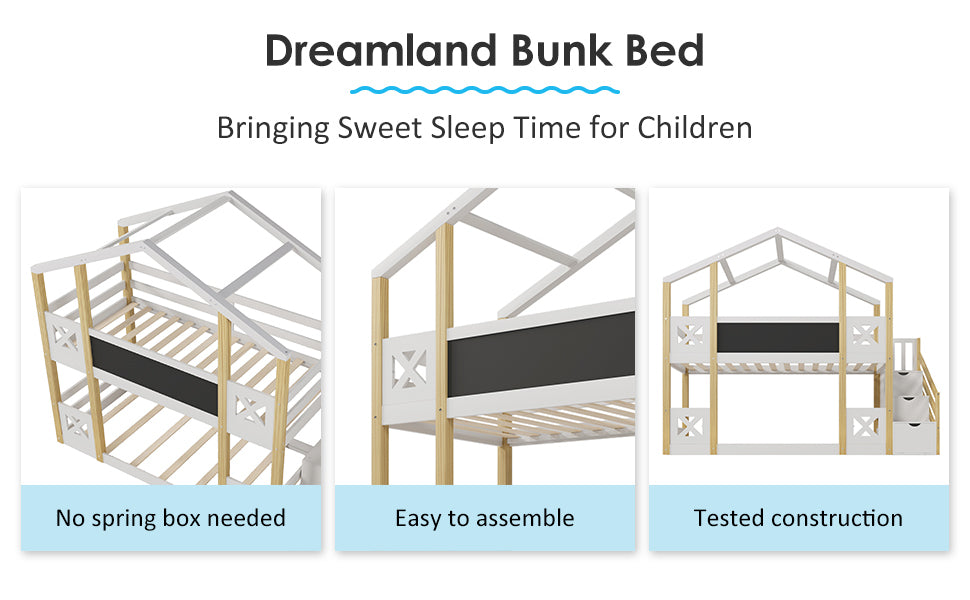 Twin Over Twin House Bunk Bed With White Storage Staircase And Blackboards, White White Wood