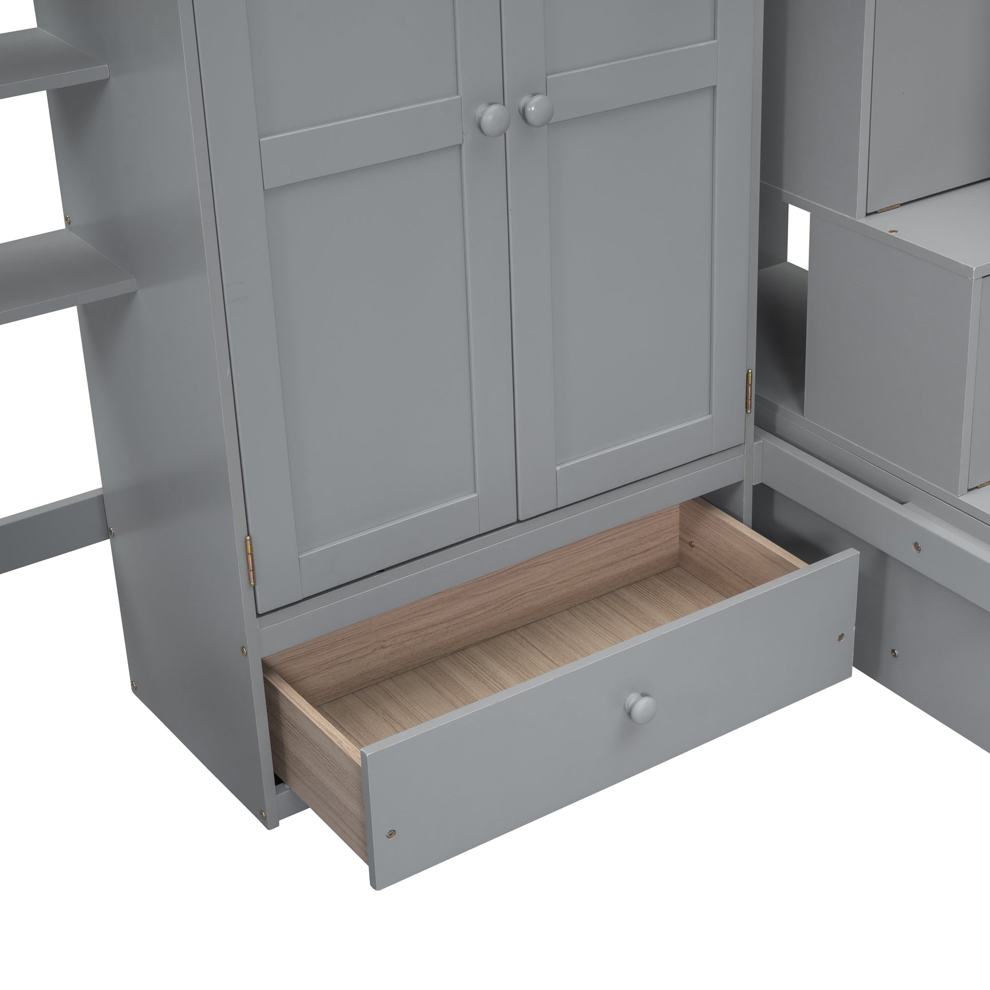 Twin Size Loft Bed With Bookshelf,Drawers,Desk,And Wardrobe Gray Twin Gray Solid Wood Mdf