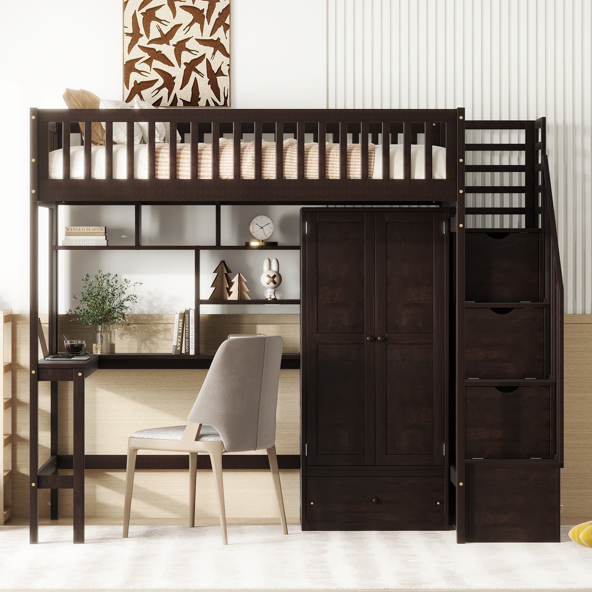 Twin Size Loft Bed With Bookshelf,Drawers,Desk,And Wardrobe Espresso Twin Espresso Solid Wood Mdf