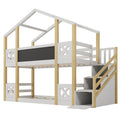 Twin Over Twin House Bunk Bed With White Storage Staircase And Blackboards, White White Wood