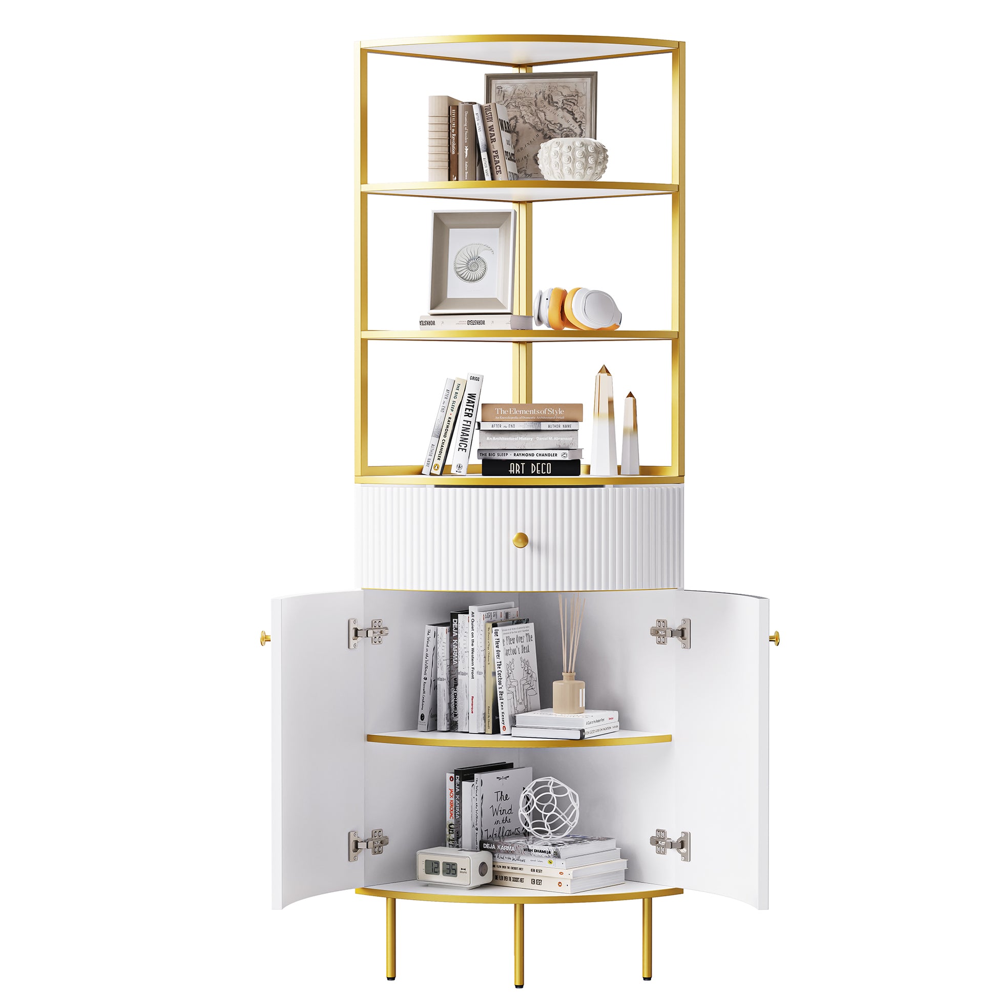 74.8" Tall Modern Corner Bookshelf,Fan Shaped Bookcase With 1 Drawer And 2 Doors ,Wooden Standing Corner Shelf With Gold Metal Frame For Living Room,Home Office,White White Mdf Metal