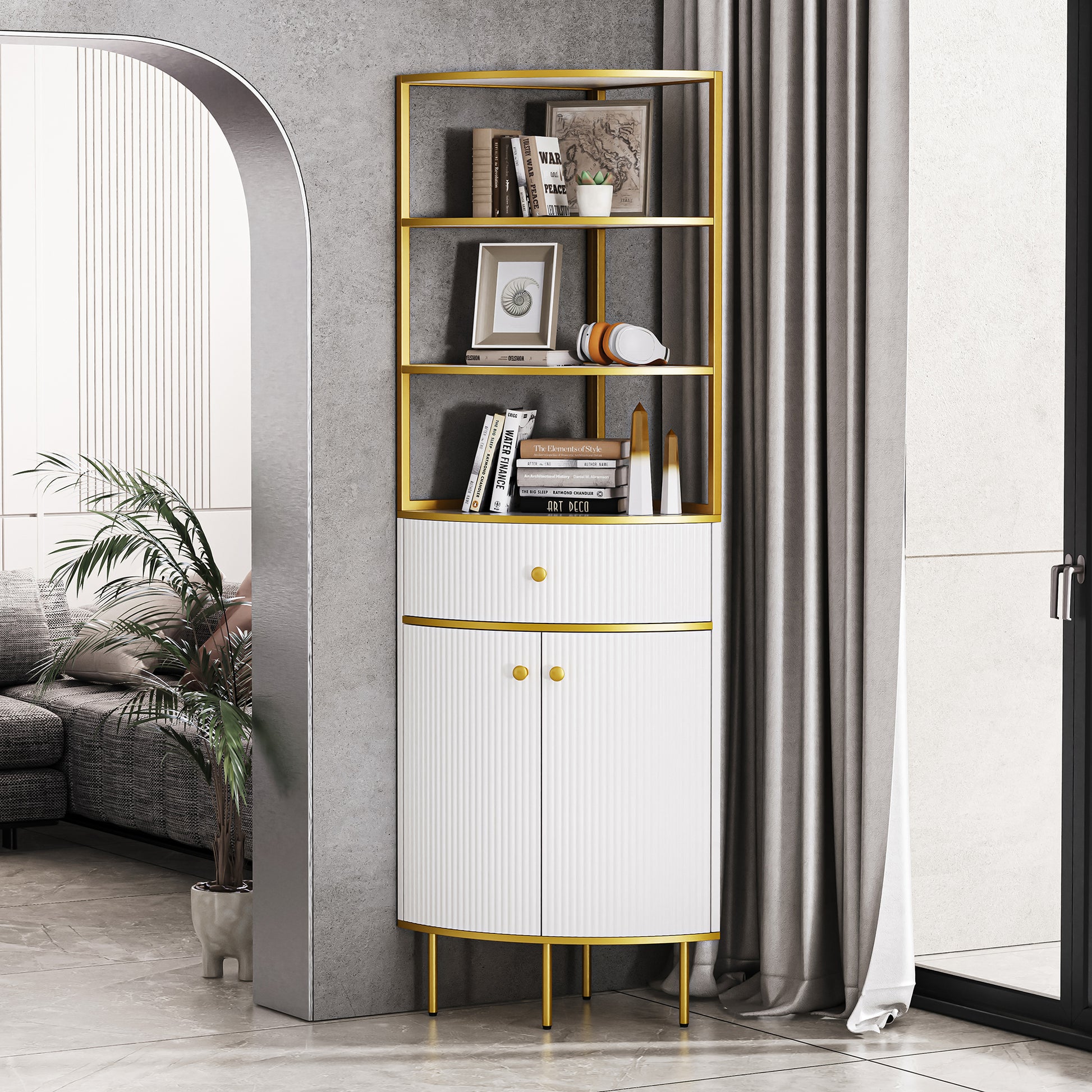 74.8" Tall Modern Corner Bookshelf,Fan Shaped Bookcase With 1 Drawer And 2 Doors ,Wooden Standing Corner Shelf With Gold Metal Frame For Living Room,Home Office,White White Mdf Metal