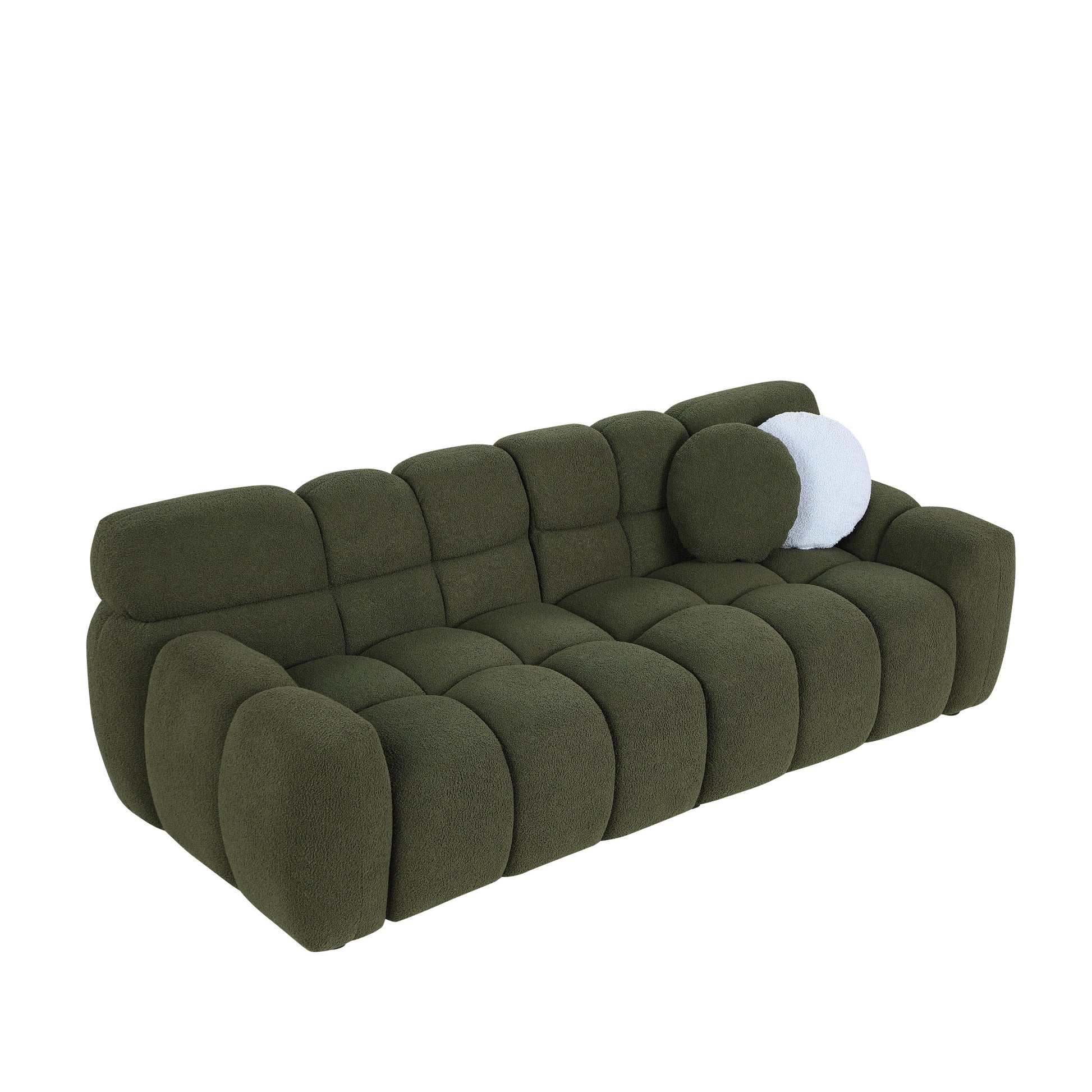 87.4 Length ,35.83" Deepth ,Human Body Structure For Usa People, Marshmallow Sofa,Boucle Sofa ,3 Seater, Olive Green Boucle Olive Green Light Brown Wood Primary Living Space Medium Soft Split Back Eucalyptus Rolled Arms Boucle 3 Seat