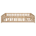 Full Size Floor Platform Bed With Fence And Door For Kids, Montessori Floor Bed Frame With Support Slats For Toddlers, Wooden Floor Bed Natural Natural Plywood