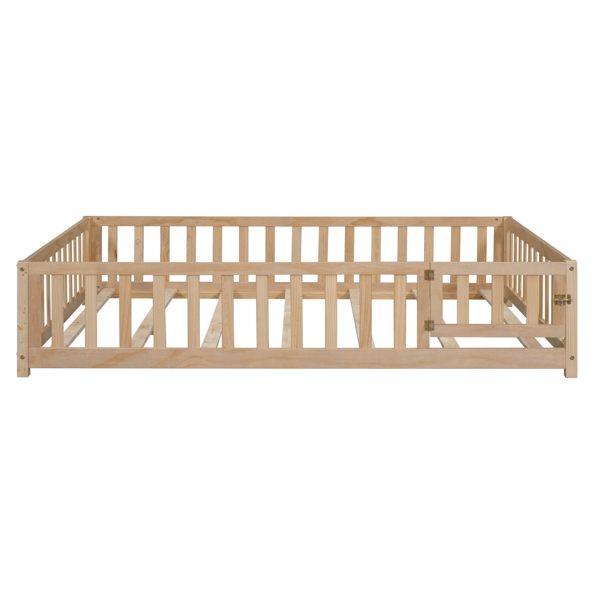 Full Size Floor Platform Bed With Fence And Door For Kids, Montessori Floor Bed Frame With Support Slats For Toddlers, Wooden Floor Bed Natural Natural Plywood
