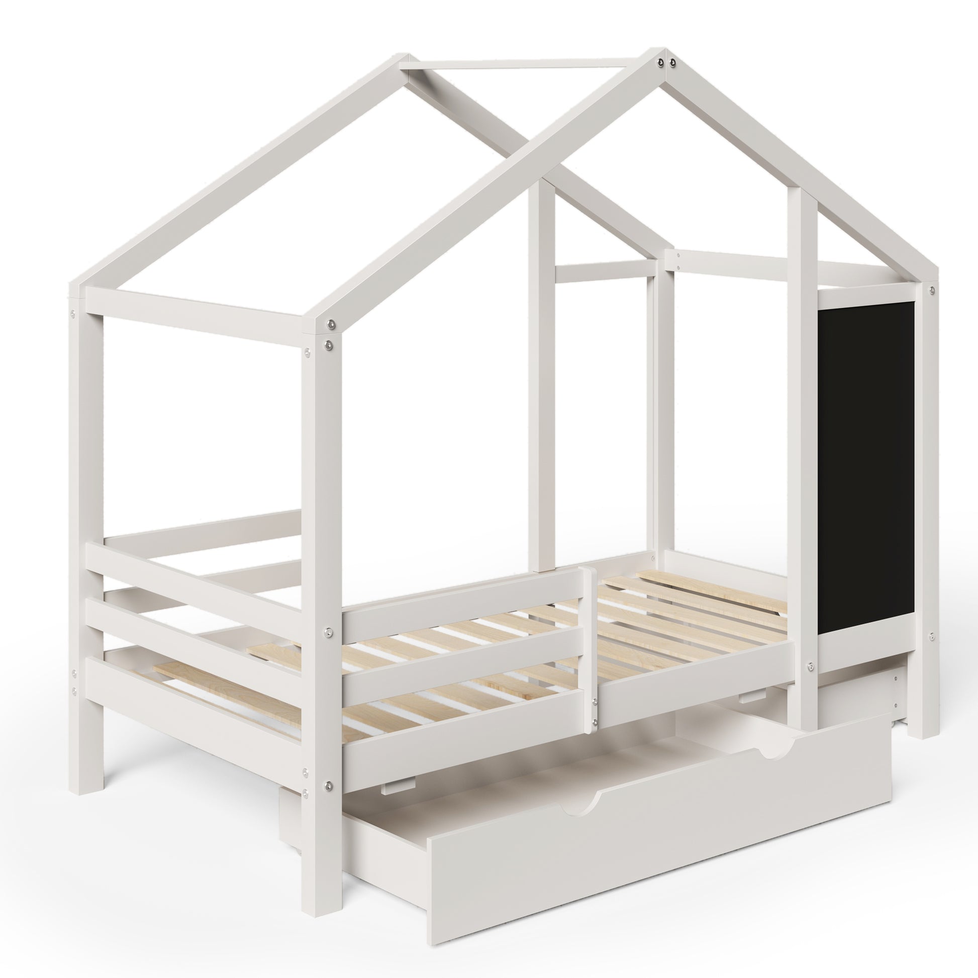 Twin House Bed With Blackboard And Drawers, Two Assembly Options, White Twin White Wood