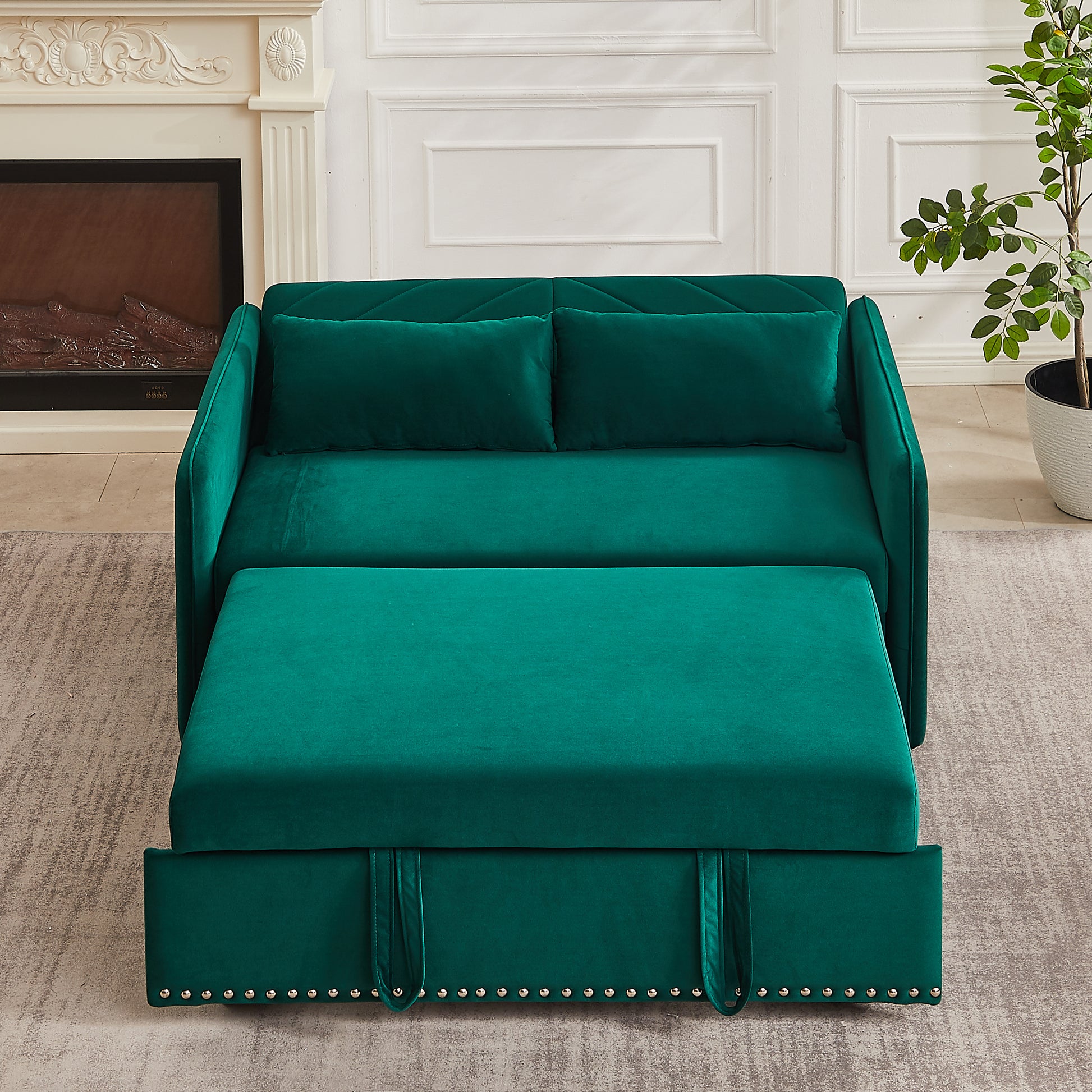 Mh" Sleeper Sofa Bed W Usb Port, 3 In 1 Adjustable Sleeper With Pull Out Bed, 2 Lumbar Pillows And Side Pocket, Soft Velvet Convertible Sleeper Sofa Bed, Suitable For Living Room Bedroom Green Velvet Pine Foam Velvet 2 Seat