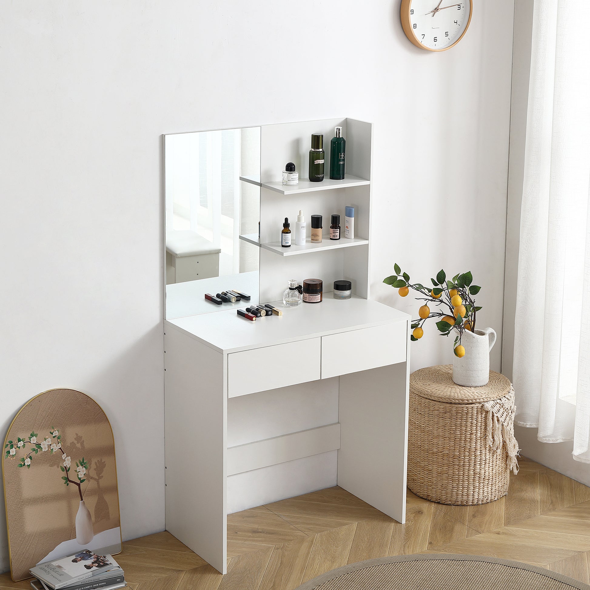 Vanity Desk With Mirror, Dressing Table With 2 Drawers, White Color Antique White Particle Board