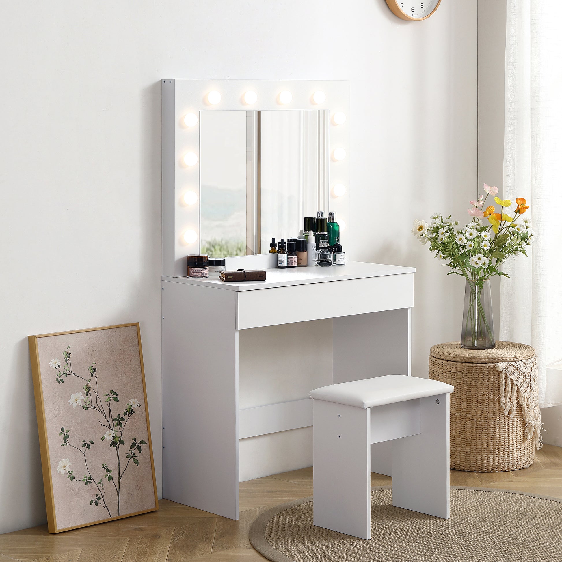 Vanity Table With Large Lighted Mirror, Makeup Vanity Dressing Table With Drawer, 1Pc Upholstered Stool ,12 Light Bulbs And Adjustable Brightness, White Color Antique White Particle Board