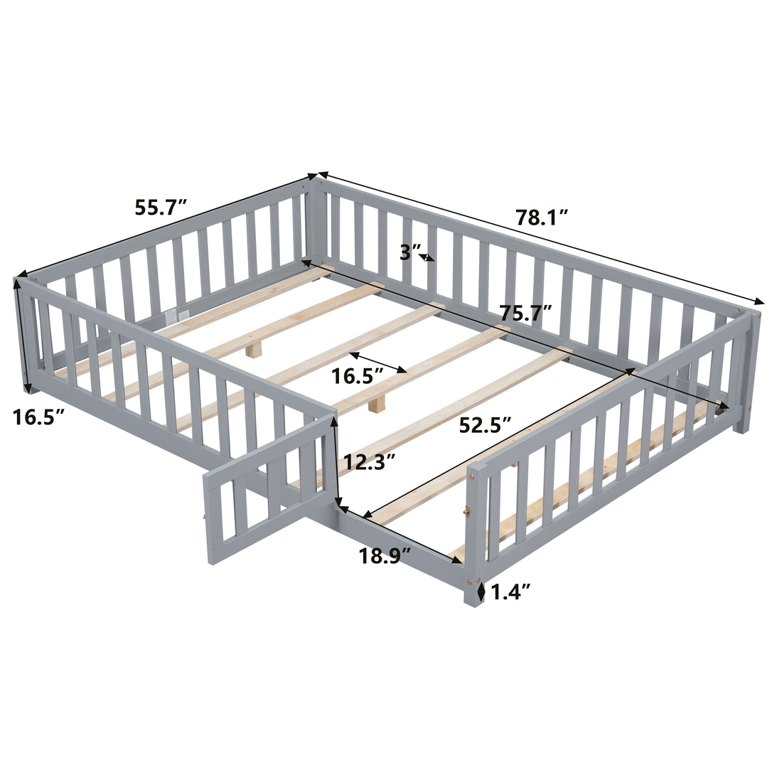Full Size Floor Platform Bed With Fence And Door For Kids, Montessori Floor Bed Frame With Support Slats For Toddlers, Wooden Floor Bed Grey Grey Plywood