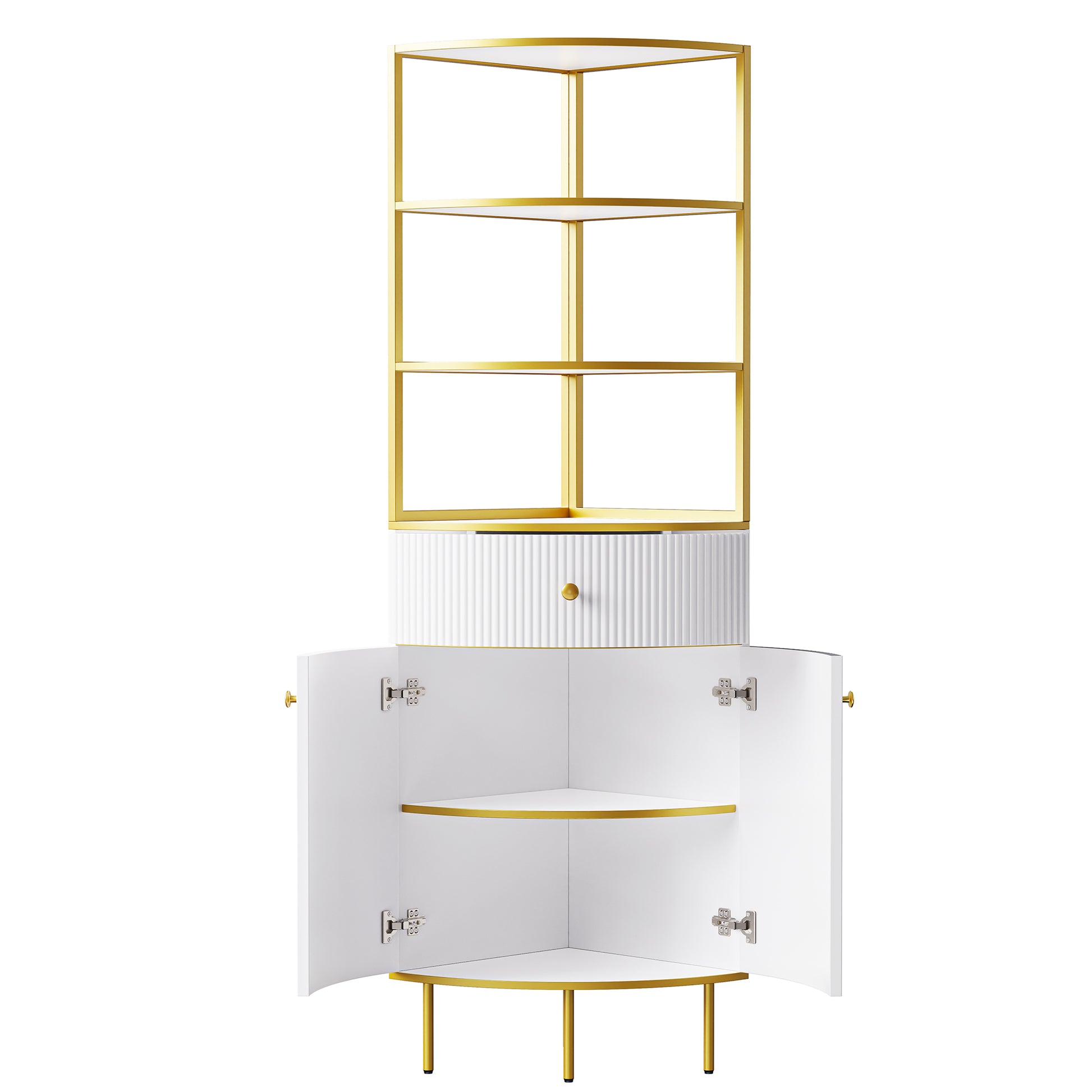 74.8" Tall Modern Corner Bookshelf,Fan Shaped Bookcase With 1 Drawer And 2 Doors ,Wooden Standing Corner Shelf With Gold Metal Frame For Living Room,Home Office,White White Mdf Metal