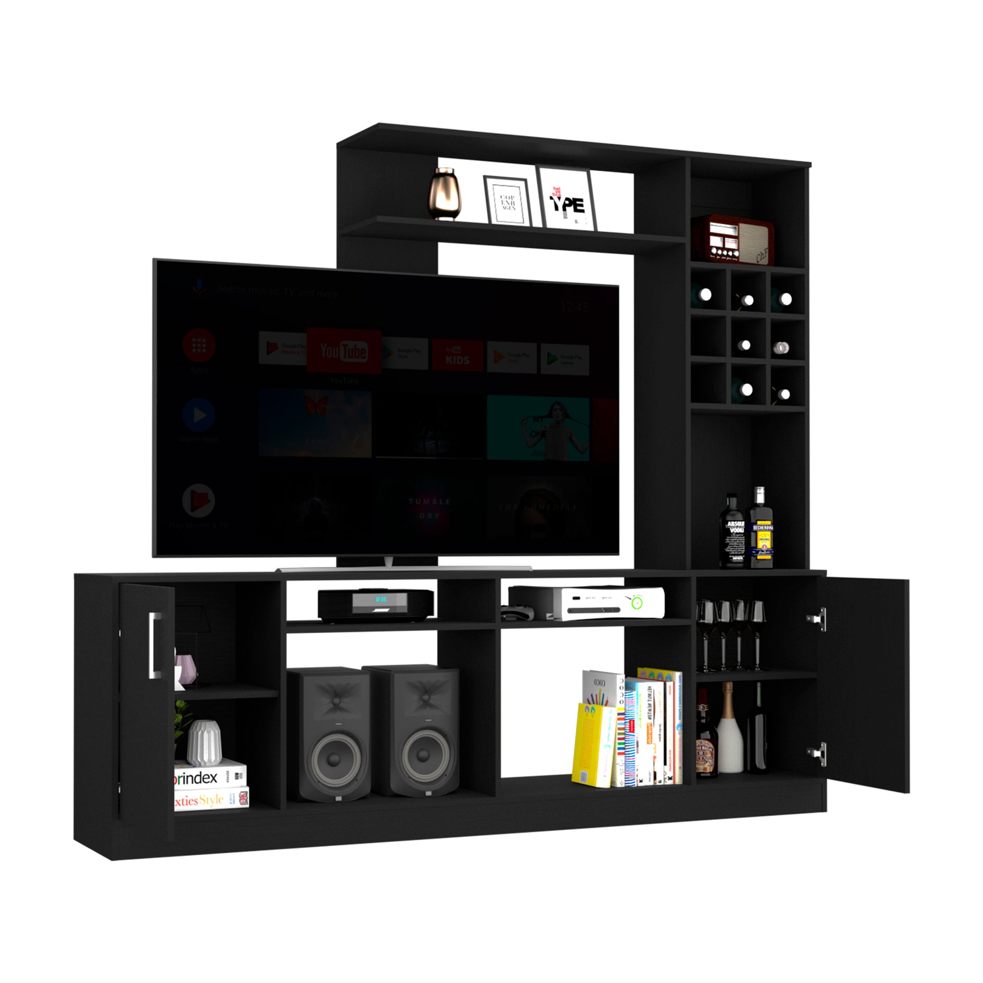 Entertainment Center Modoc, Living Room, Black Black 60 69 Inches Particle Board Particle Board