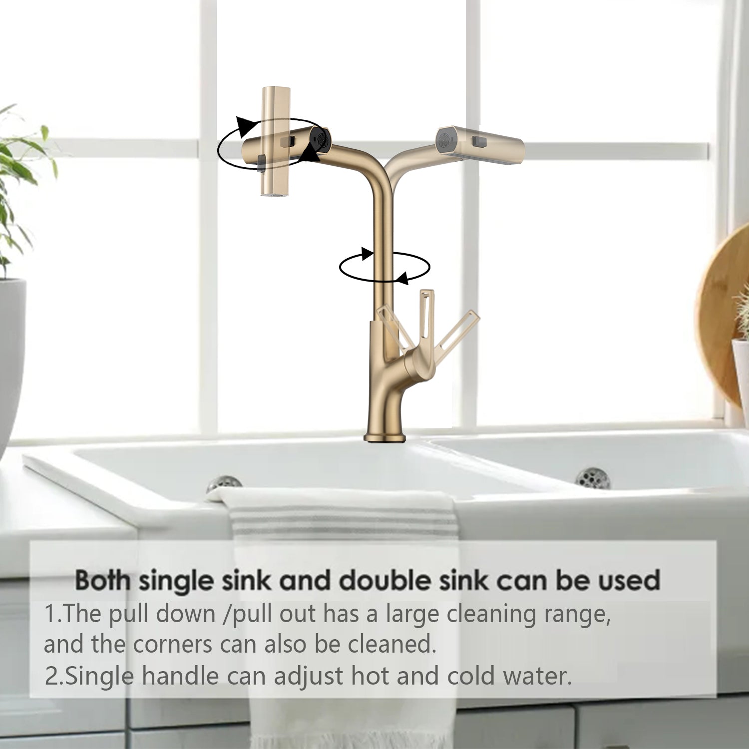 Brushed Gold Kitchen Waterfall Faucet With Pull Down Sprayer, Single Handle Kitchen Sink Faucet With Pull Out Sprayer, 360 Rotating Kitchen Faucet Brushed Gold Zinc