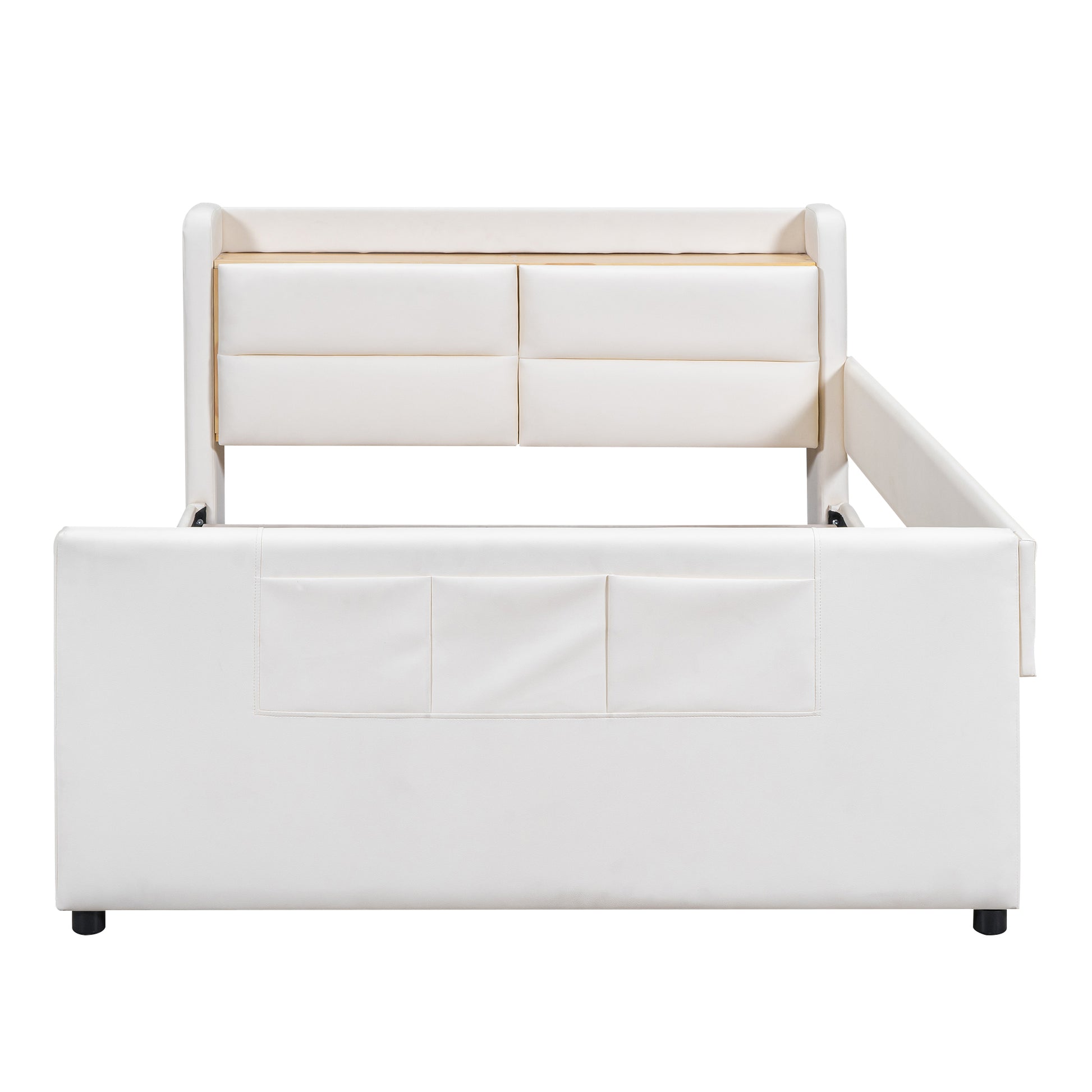 Full Size Upholstered Platform Bed With Guardrail, Storage Headboard And Footboard, Beige Box Spring Not Required Full Beige Wood Faux Leather Upholstered