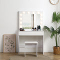 Vanity Table With Large Lighted Mirror, Makeup Vanity Dressing Table With Drawer, 1Pc Upholstered Stool ,12 Light Bulbs And Adjustable Brightness, White Color Antique White Particle Board