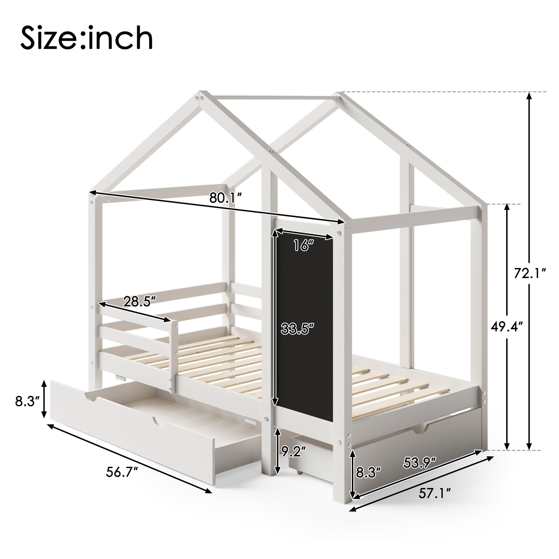 Full House Bed With Blackboard And Drawers, Two Assembly Options, White Full White Wood