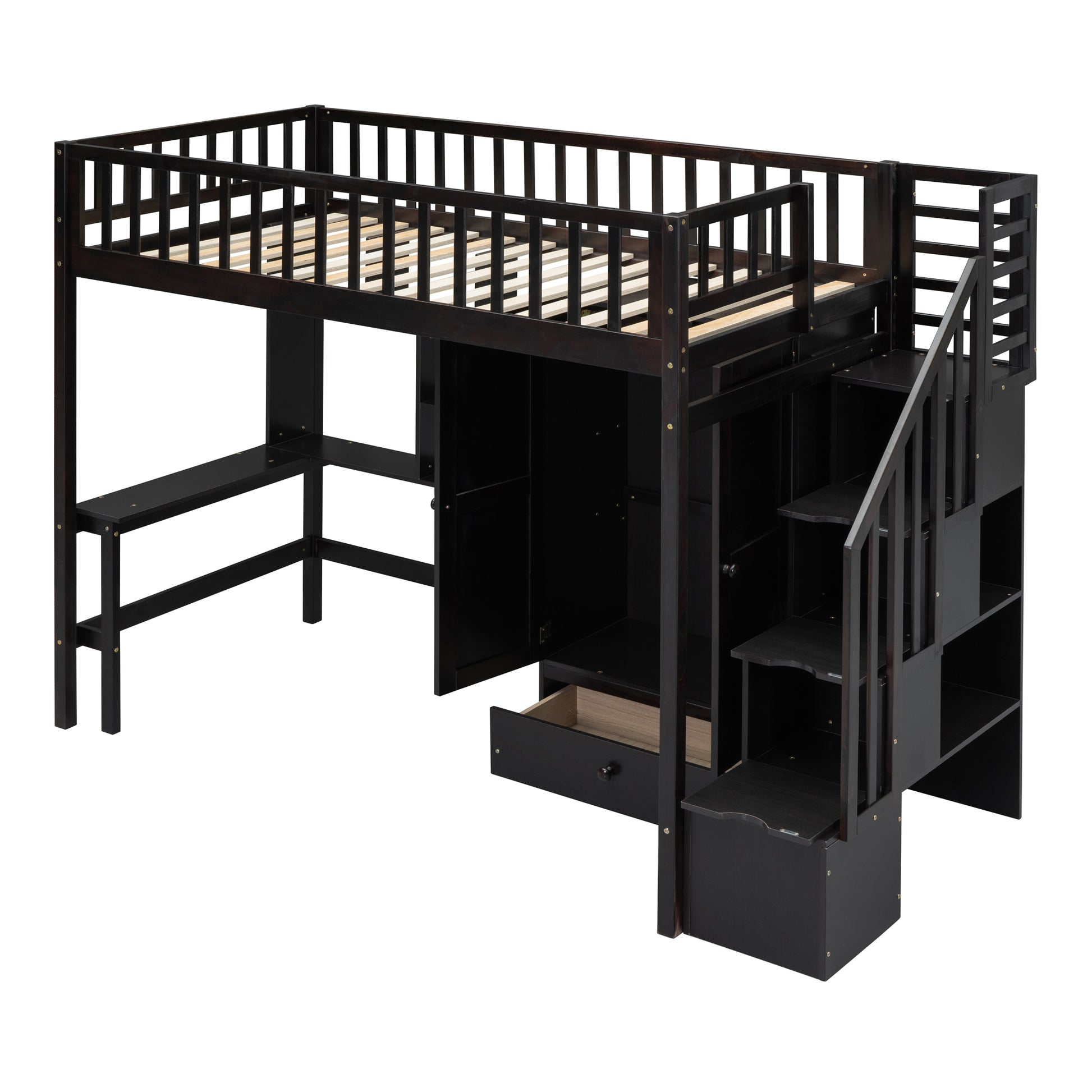 Twin Size Loft Bed With Bookshelf,Drawers,Desk,And Wardrobe Espresso Twin Espresso Solid Wood Mdf