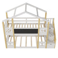 Twin Over Twin House Bunk Bed With White Storage Staircase And Blackboards, White White Wood