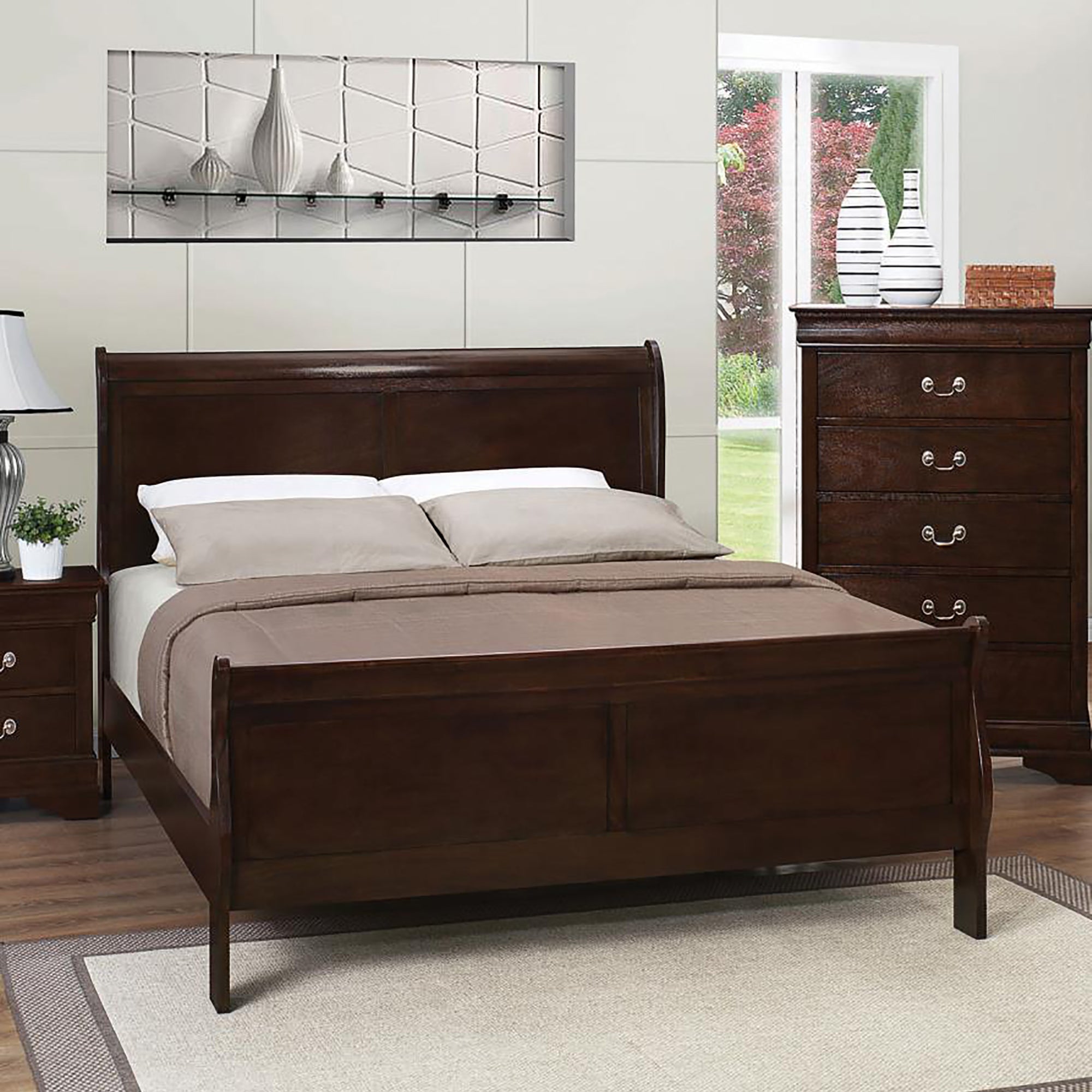 Cappuccino Queen Sleigh Bed Box Spring Required Queen Cappuccino Wood Brown Bedroom Traditional Rubberwood Panel Wood