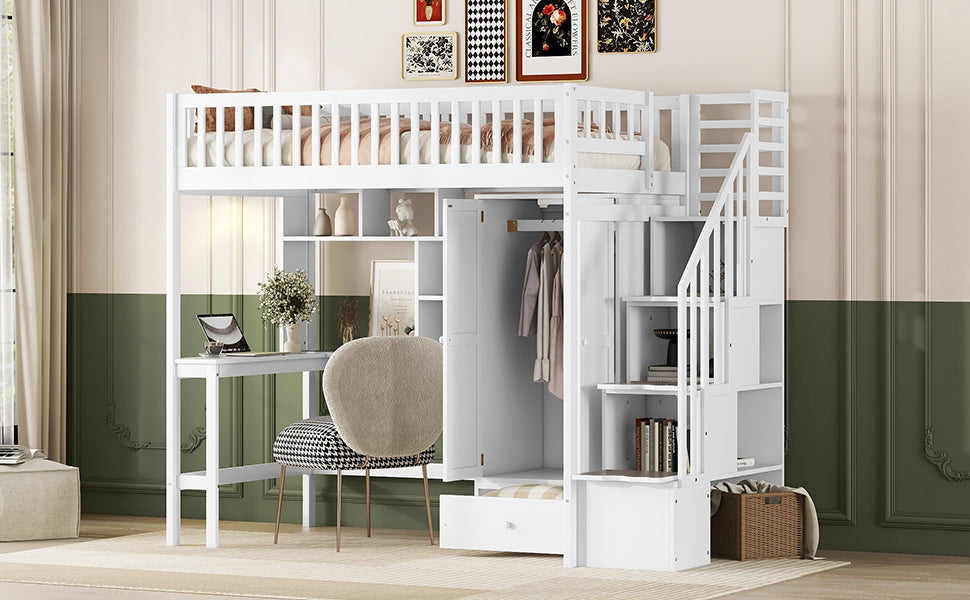 Twin Size Loft Bed With Bookshelf,Drawers,Desk,And Wardrobe White Twin White Solid Wood Mdf