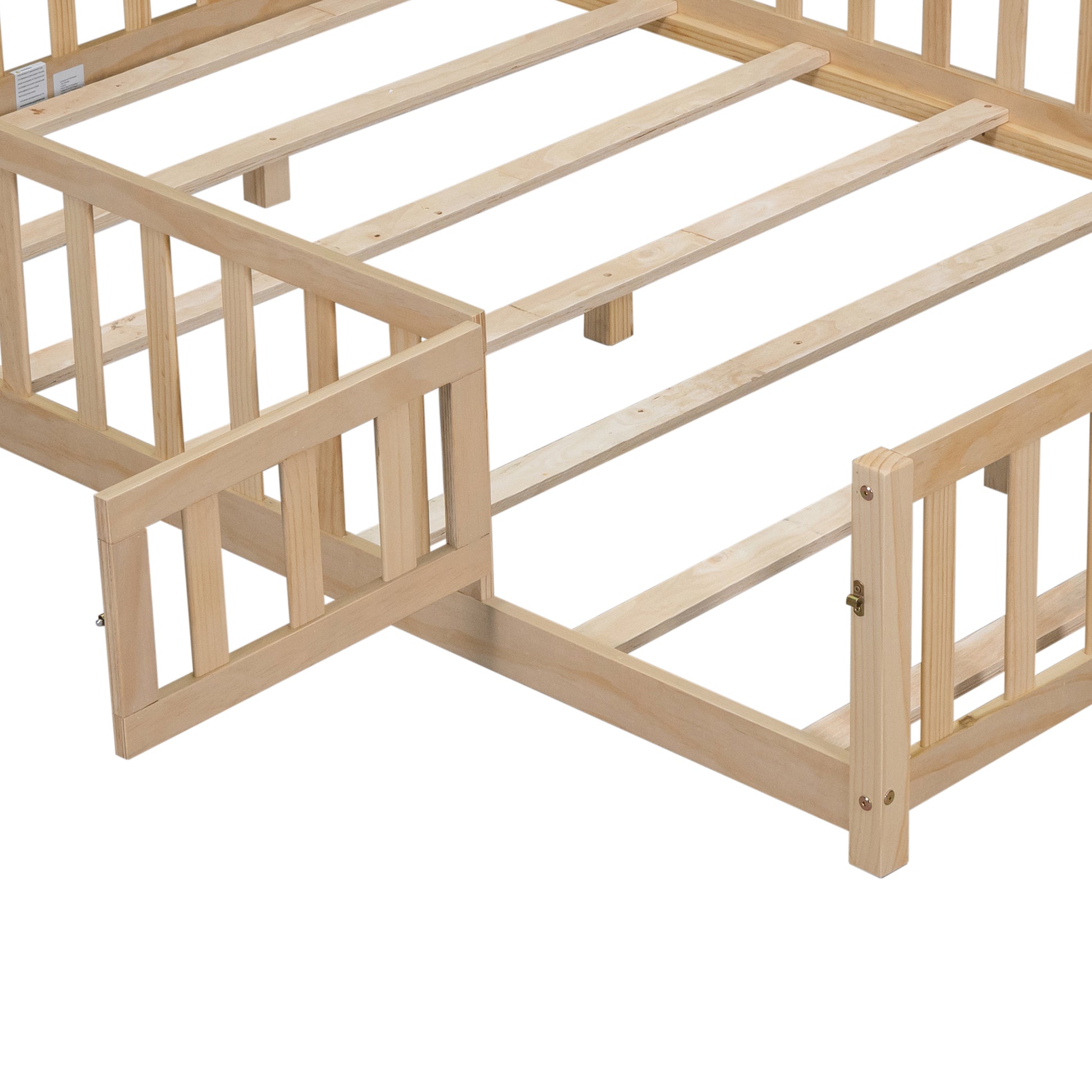 Full Size Floor Platform Bed With Fence And Door For Kids, Montessori Floor Bed Frame With Support Slats For Toddlers, Wooden Floor Bed Natural Natural Plywood