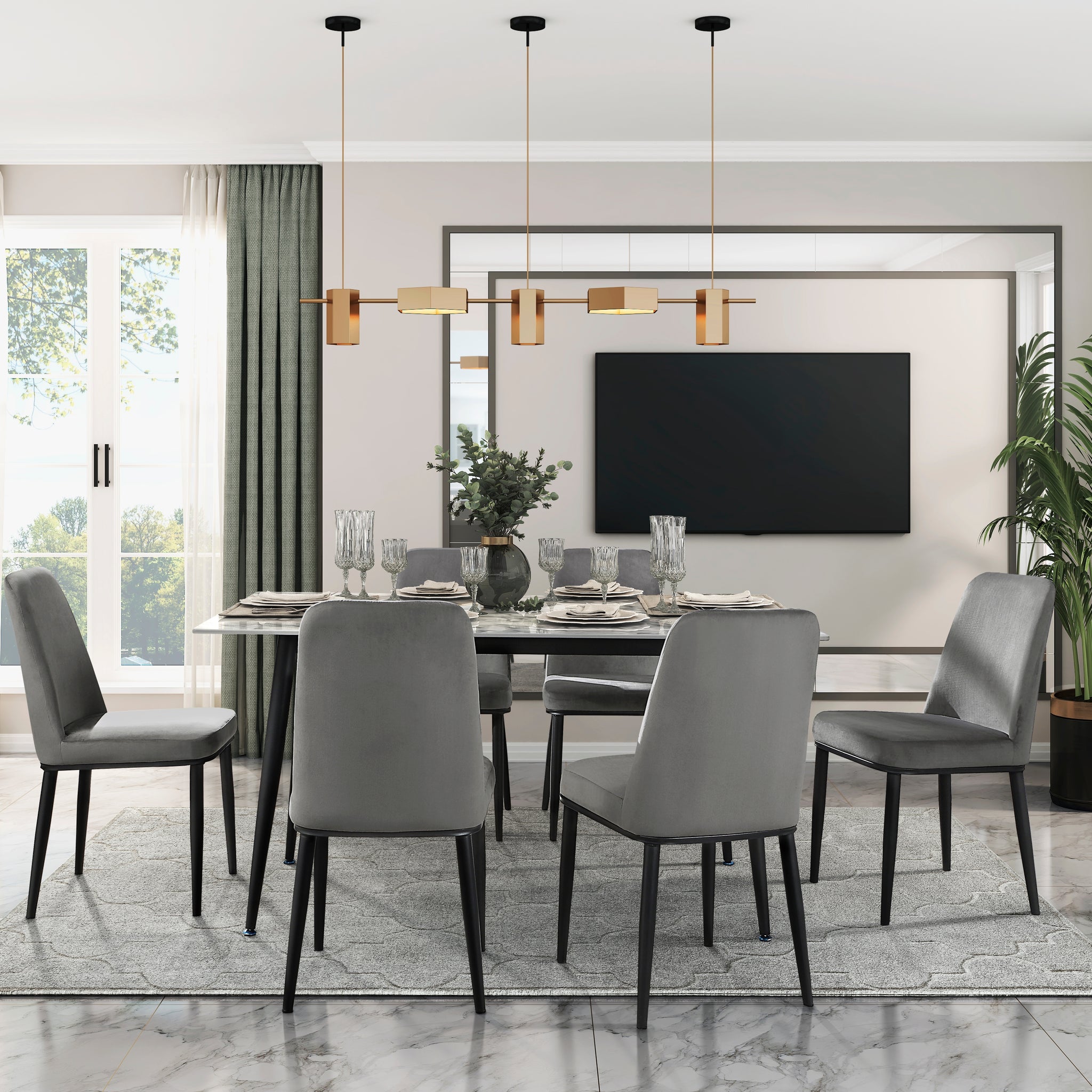 Contemporary Sleek Design Dining Set 7Pc Dining Table And Gray Velvet Chairs Stunning Sintered Stone Tabletop Metal Frame Dining Furniture Metal Black Multi Seats 6 Metal Dining Room Contemporary,Modern Rectangular Dining Table With Chair Metal