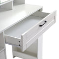 Vanity Table With Large Sliding Lighted Mirror, Dressing Table With 2 Drawers, Storage Shelves And Upholstered Stool, White Color Antique White Particle Board
