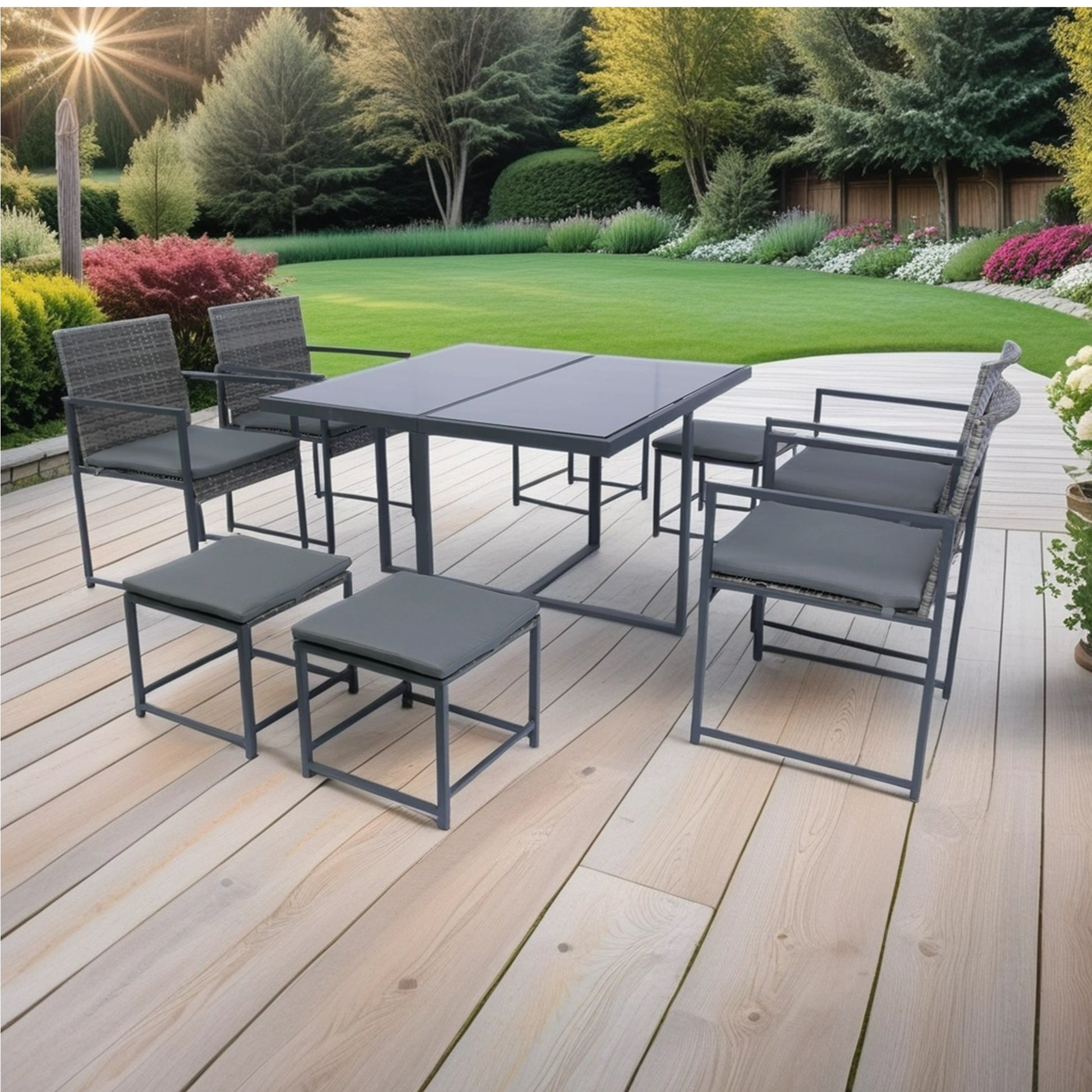 9 Pieces Patio Dining Sets Outdoor Space Saving Rattan Chairs With Glass Table Top Grey Wicker Dark Grey Cushion Yes Dining Set Grey Rust Resistant Frame Mildew Resistant Cushion Garden & Outdoor Modern Multiple Chairs Seating Group Fiber Foam Pads