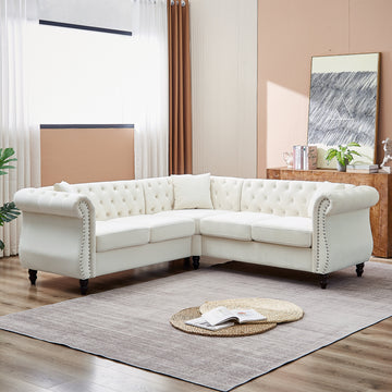 83.5 Inch Oversized Corner Sofa, L Shaped Sectional Couch,5 Seater Corner Sofas With 3 Pillows For Living Room, Bedroom, Apartment, Office Beige Foam Velvet