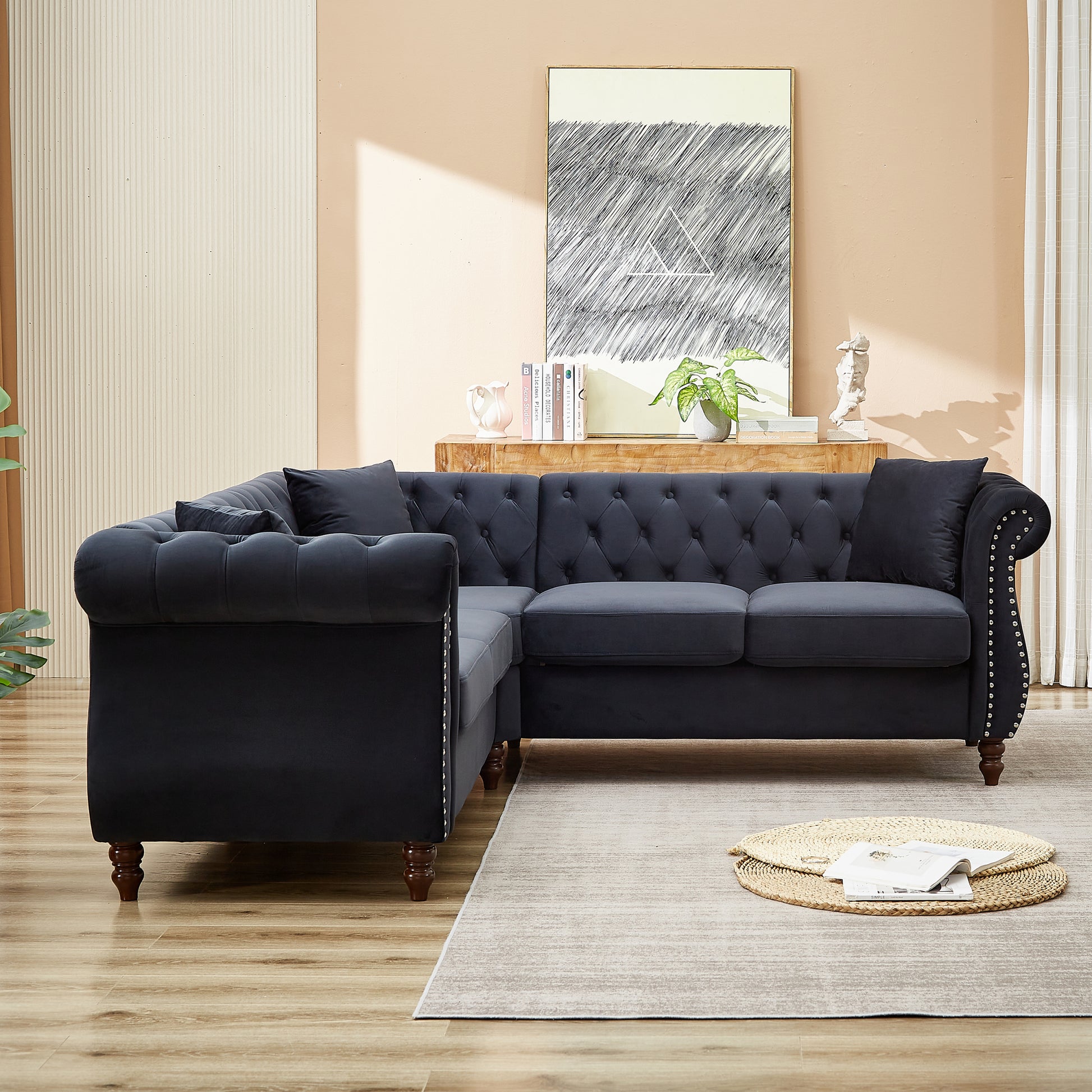 83.5 Inch Oversized Corner Sofa, L Shaped Sectional Couch,5 Seater Corner Sofas With 3 Pillows For Living Room, Bedroom, Apartment, Office Black Foam Velvet
