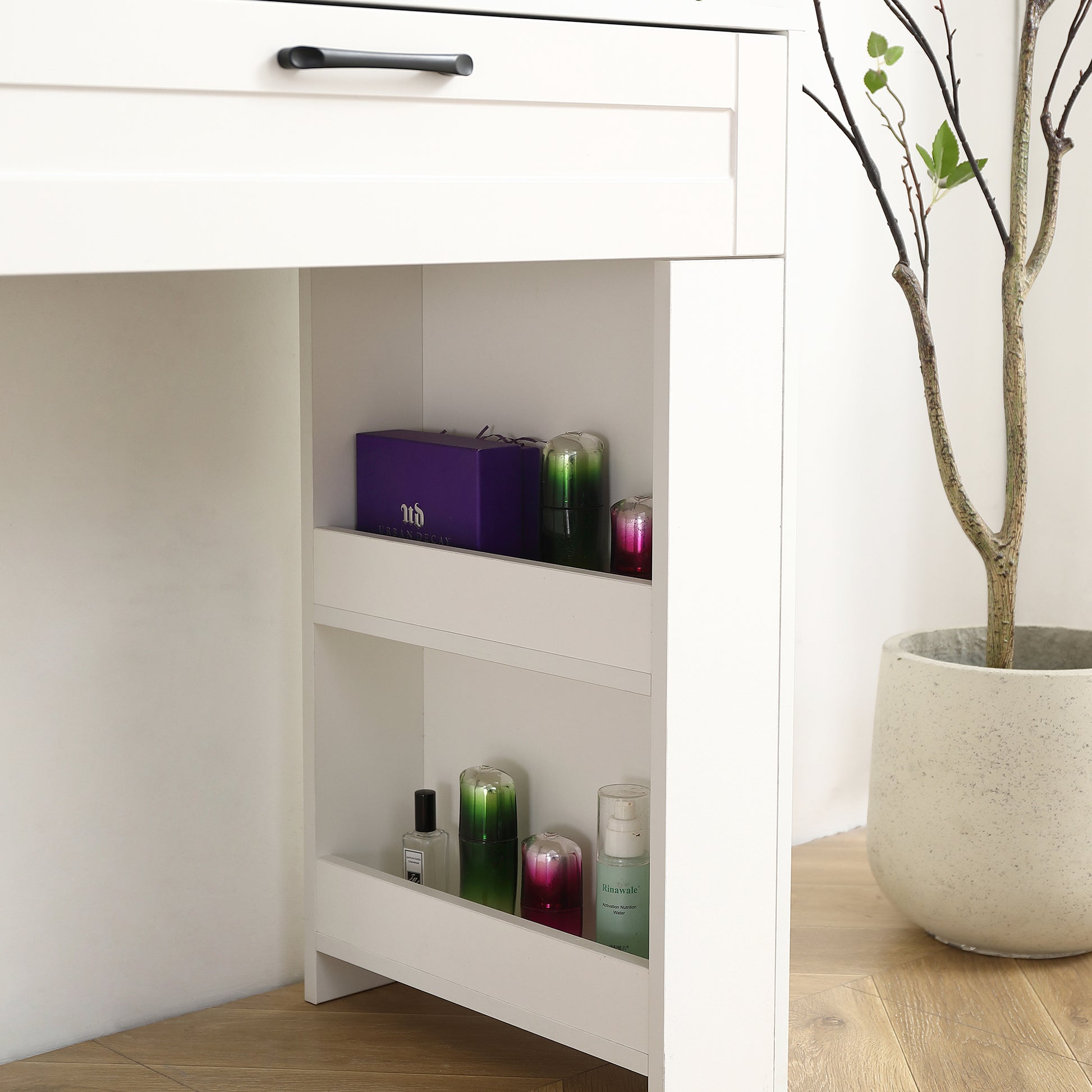 Vanity Table With Large Sliding Lighted Mirror, Dressing Table With 2 Drawers, Storage Shelves And Upholstered Stool, White Color Antique White Particle Board