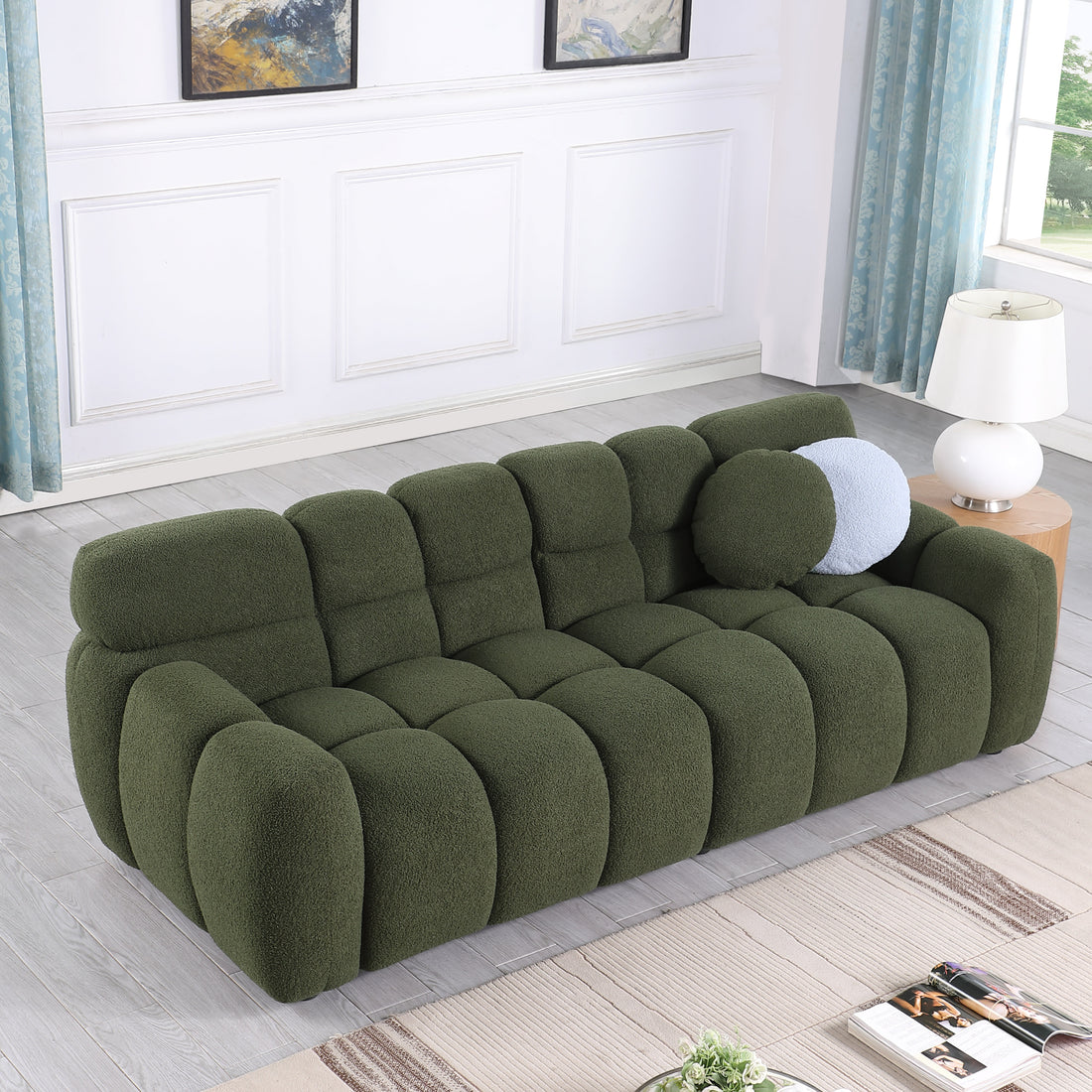 87.4 Length ,35.83" Deepth ,Human Body Structure For Usa People, Marshmallow Sofa,Boucle Sofa ,3 Seater, Olive Green Boucle Olive Green Light Brown Wood Primary Living Space Medium Soft Split Back Eucalyptus Rolled Arms Boucle 3 Seat