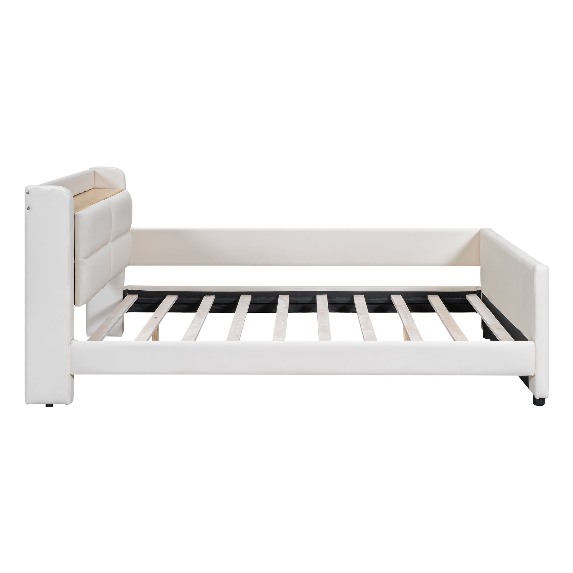 Full Size Upholstered Platform Bed With Guardrail, Storage Headboard And Footboard, Beige Box Spring Not Required Full Beige Wood Faux Leather Upholstered