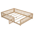 Full Size Floor Platform Bed With Fence And Door For Kids, Montessori Floor Bed Frame With Support Slats For Toddlers, Wooden Floor Bed Natural Natural Plywood