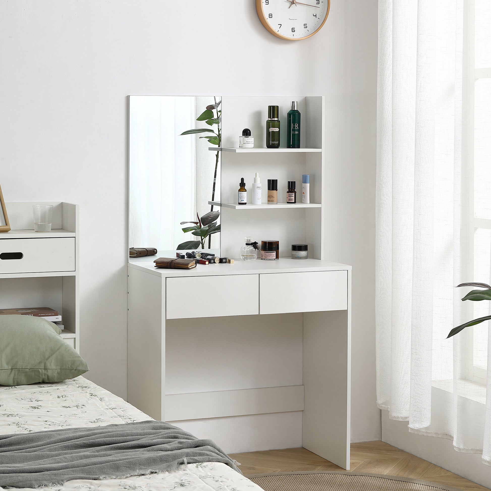 Vanity Desk With Mirror, Dressing Table With 2 Drawers, White Color Antique White Particle Board