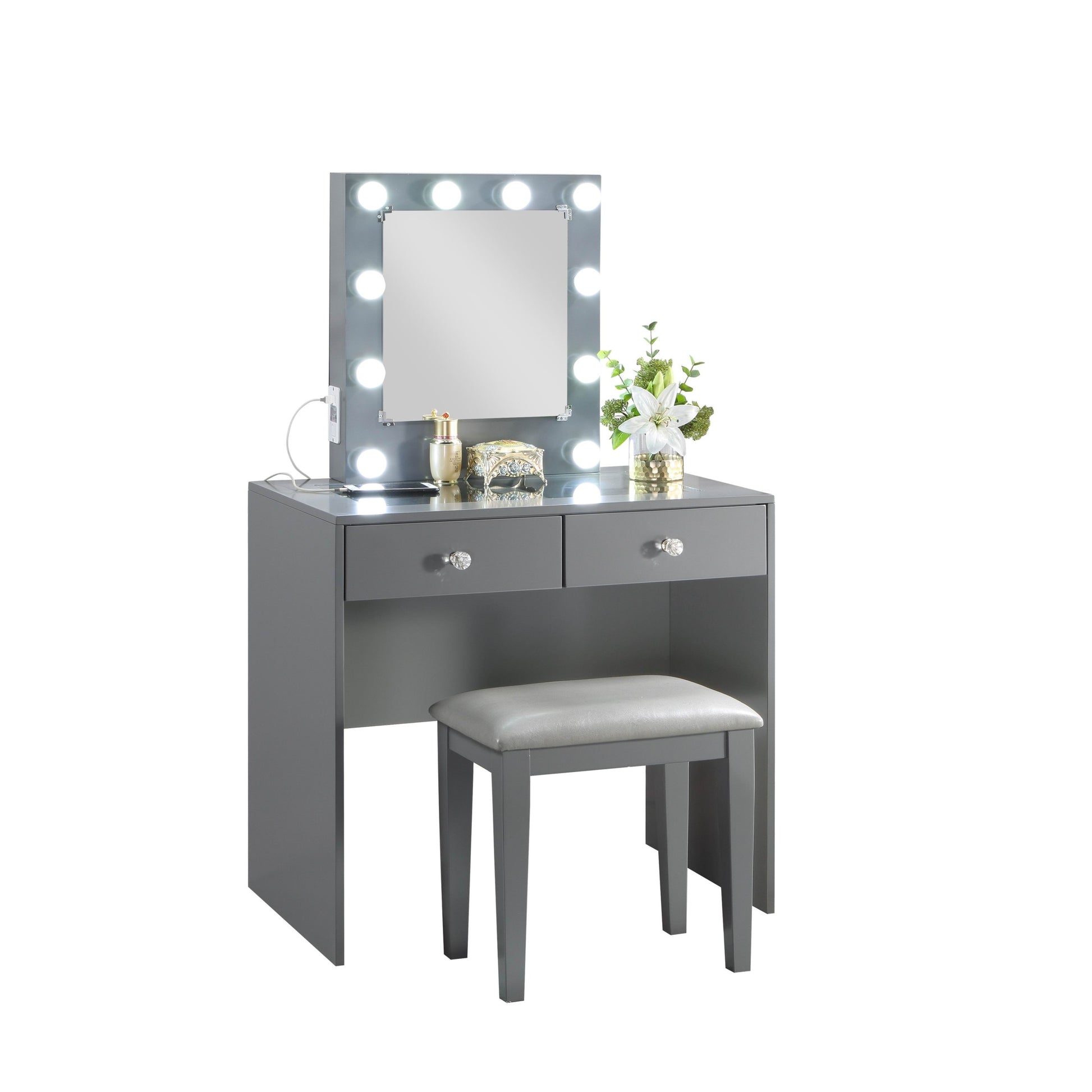 Gray Makeup Vanity And Stool Set With 10 Lights And Usb Port And Power Outlet, 2X Drawers Luxurious Style Furniture Gray Drawer 2 Drawers Bedroom Luxury,Modern Wood