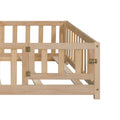 Full Size Floor Platform Bed With Fence And Door For Kids, Montessori Floor Bed Frame With Support Slats For Toddlers, Wooden Floor Bed Natural Natural Plywood