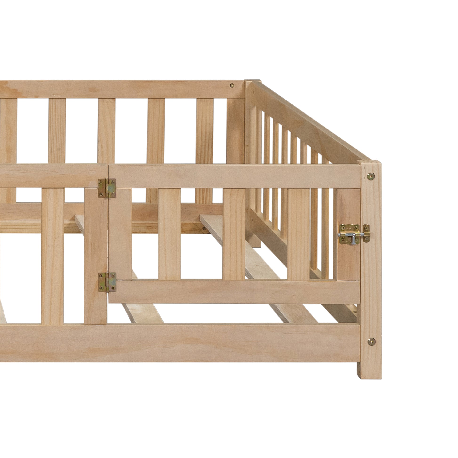 Full Size Floor Platform Bed With Fence And Door For Kids, Montessori Floor Bed Frame With Support Slats For Toddlers, Wooden Floor Bed Natural Natural Plywood