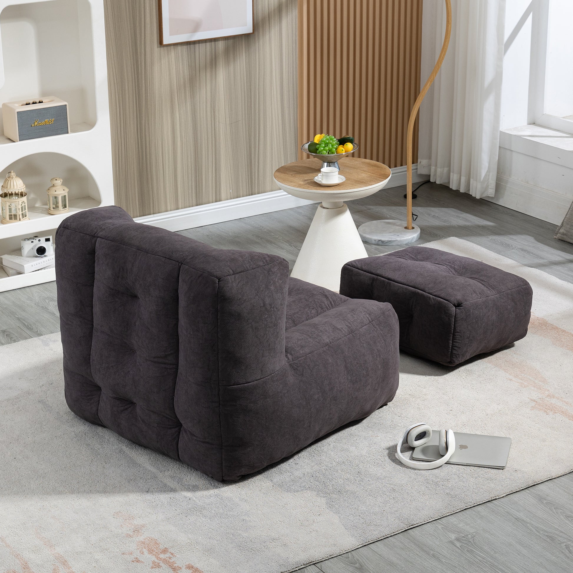 Fluffy Bean Bag Chair, Comfortable Bean Bag For Adults And Children, Super Soft Lazy Sofa Chair With Memory Foam And Ottoman, Indoor Modern Focus Bean Bag Chair For Living Room, Bedroom, Apartment Black Velvet