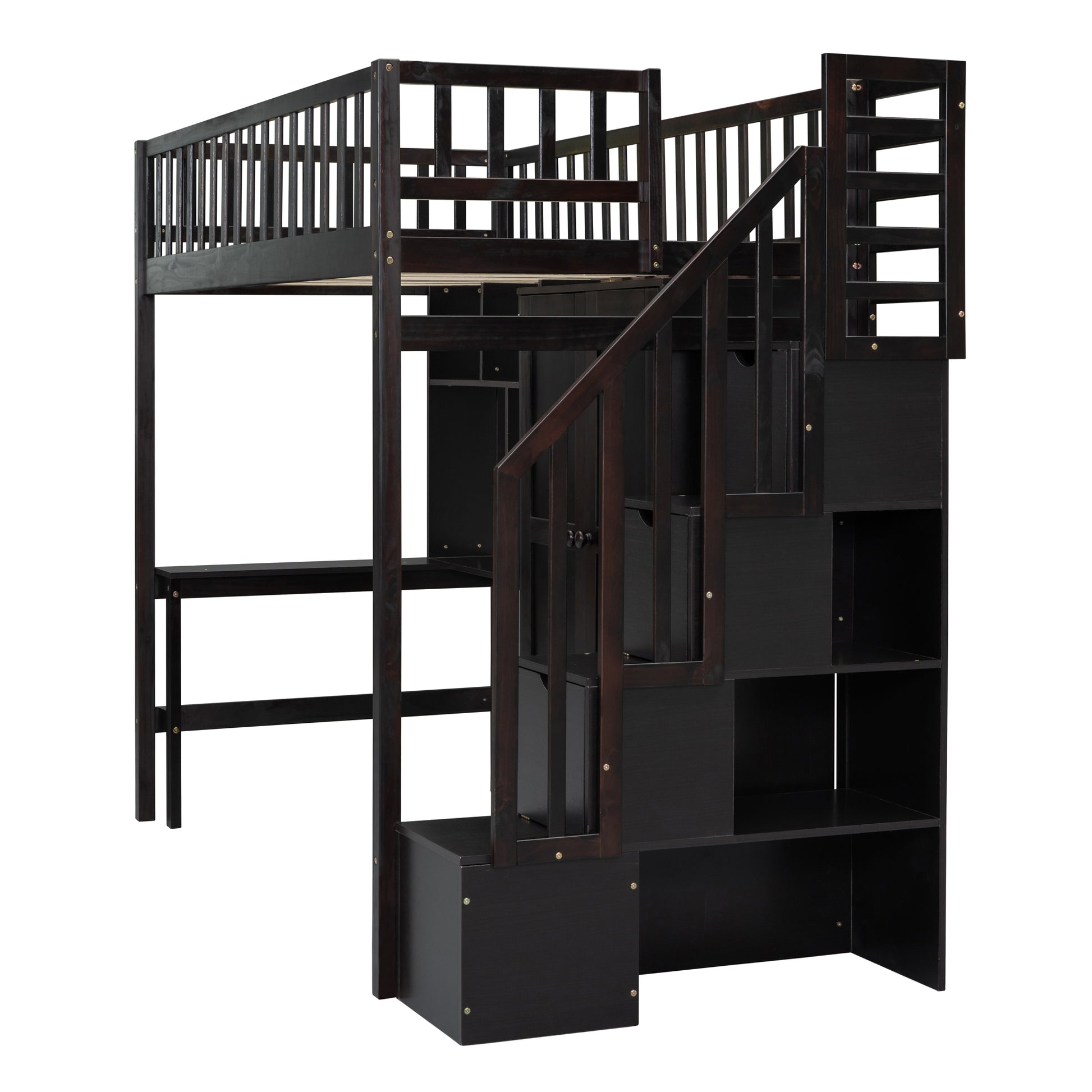 Twin Size Loft Bed With Bookshelf,Drawers,Desk,And Wardrobe Espresso Twin Espresso Solid Wood Mdf