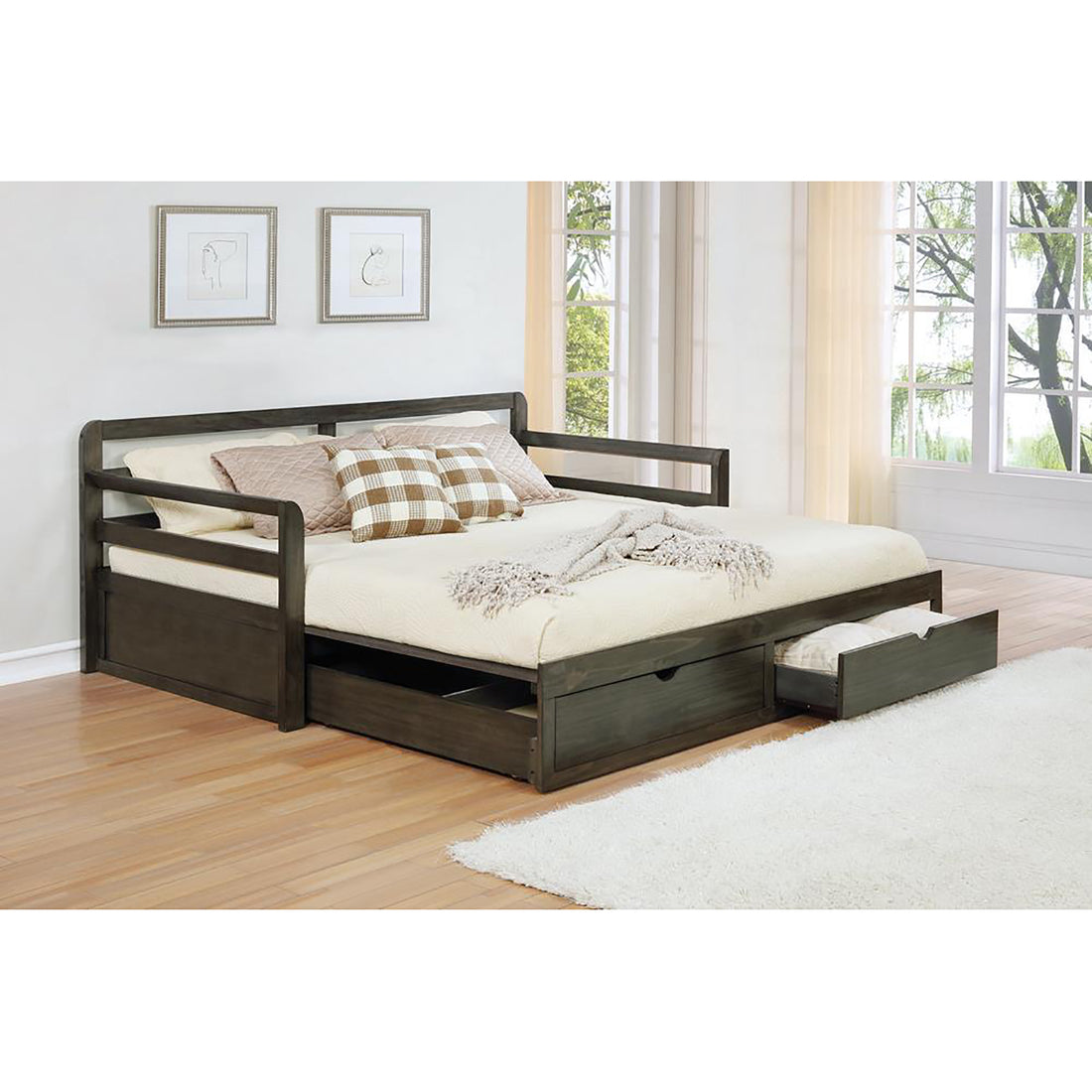 Grey 2 Drawer Daybed With Extension Trundle Box Spring Not Required Twin Xl Grey Wood Gray Bedroom Farmhouse,Rustic Pine Wood