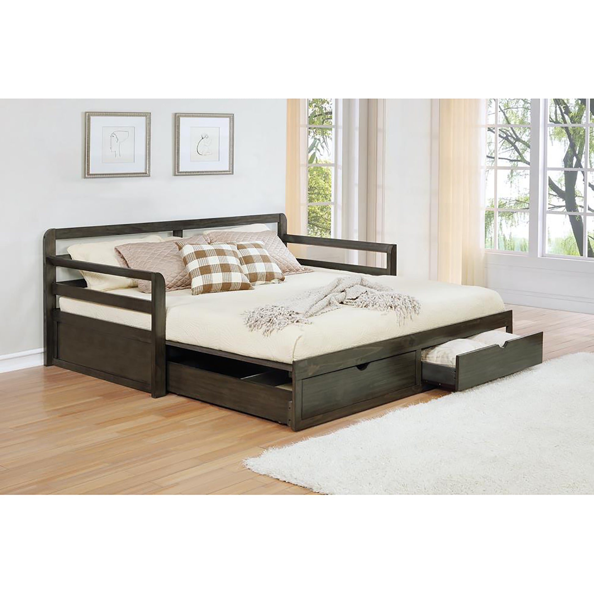 Grey 2 Drawer Daybed With Extension Trundle Box Spring Not Required Twin Xl Grey Wood Gray Bedroom Farmhouse,Rustic Pine Wood