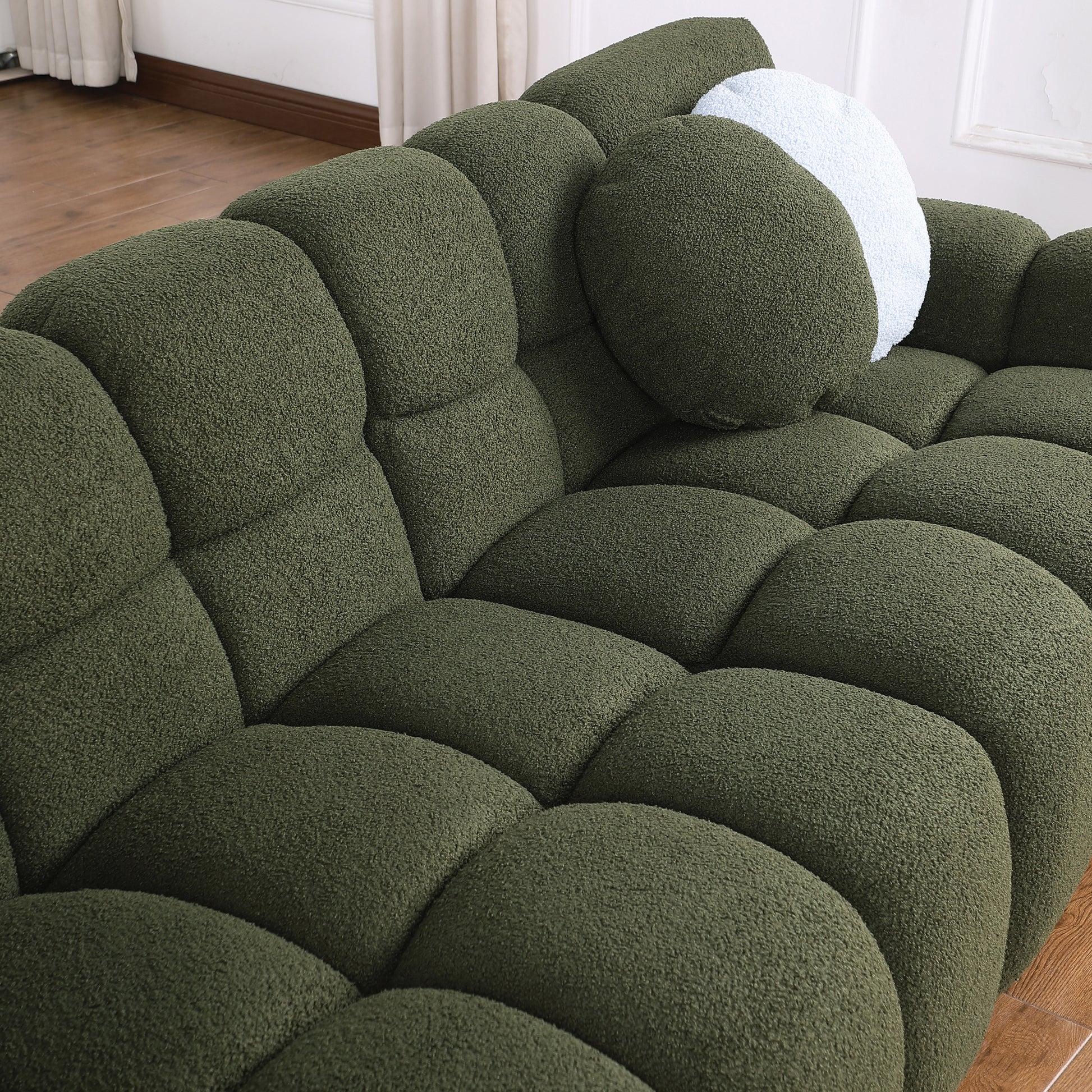 87.4 Length ,35.83" Deepth ,Human Body Structure For Usa People, Marshmallow Sofa,Boucle Sofa ,3 Seater, Olive Green Boucle Olive Green Light Brown Wood Primary Living Space Medium Soft Split Back Eucalyptus Rolled Arms Boucle 3 Seat