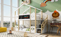 Twin Over Twin House Bunk Bed With White Storage Staircase And Blackboards, White White Wood