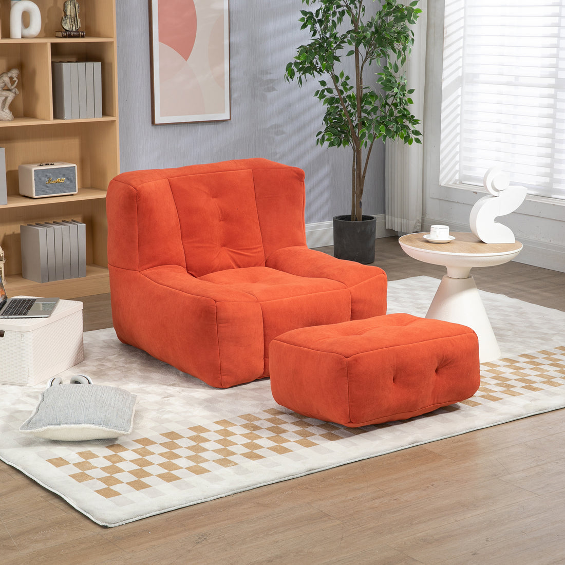 Fluffy Bean Bag Chair, Comfortable Bean Bag For Adults And Children, Super Soft Lazy Sofa Chair With Memory Foam And Ottoman, Indoor Modern Focus Bean Bag Chair For Living Room, Bedroom, Apartment Red Velvet