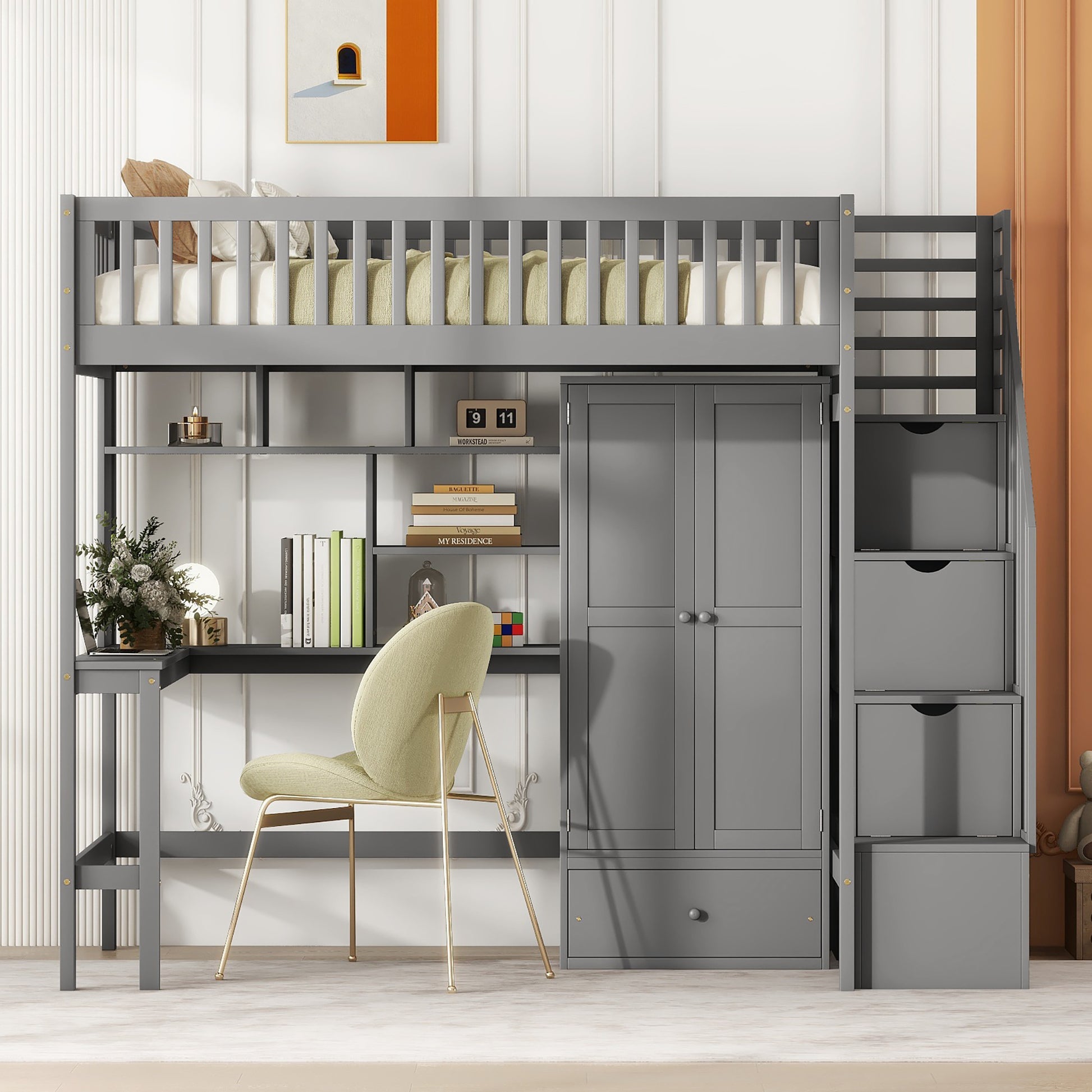 Twin Size Loft Bed With Bookshelf,Drawers,Desk,And Wardrobe Gray Twin Gray Solid Wood Mdf