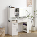 Vanity Table With Large Sliding Lighted Mirror, Dressing Table With 2 Drawers, Storage Shelves And Upholstered Stool, White Color Antique White Particle Board
