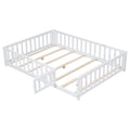 Full Size Floor Platform Bed With Fence And Door For Kids, Montessori Floor Bed Frame With Support Slats For Toddlers, Wooden Floor Bed White White Plywood